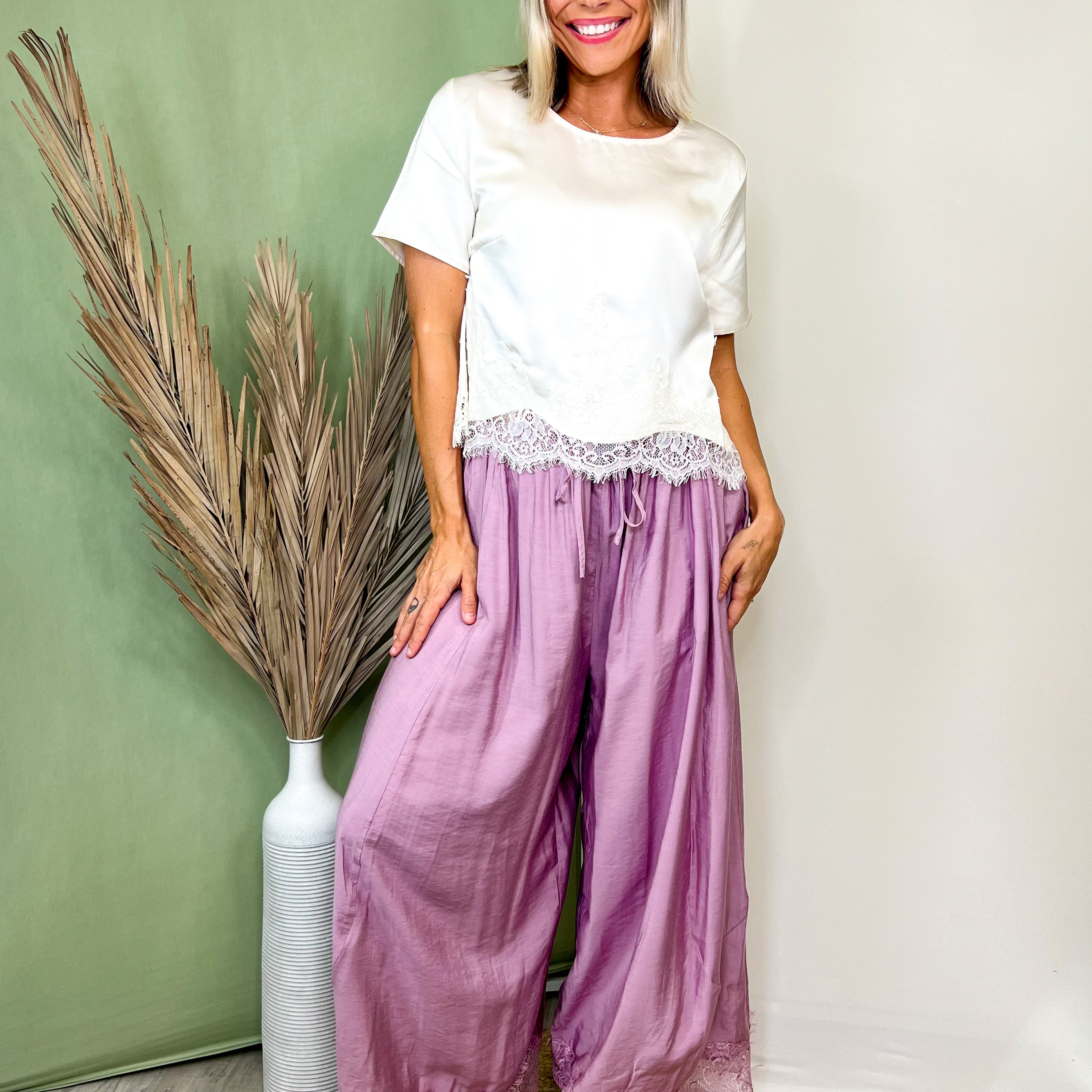 Lace & Leisure Wide Leg Pants-150 PANTS-ODDI-Heathered Boho Boutique, Women's Fashion and Accessories in Palmetto, FL