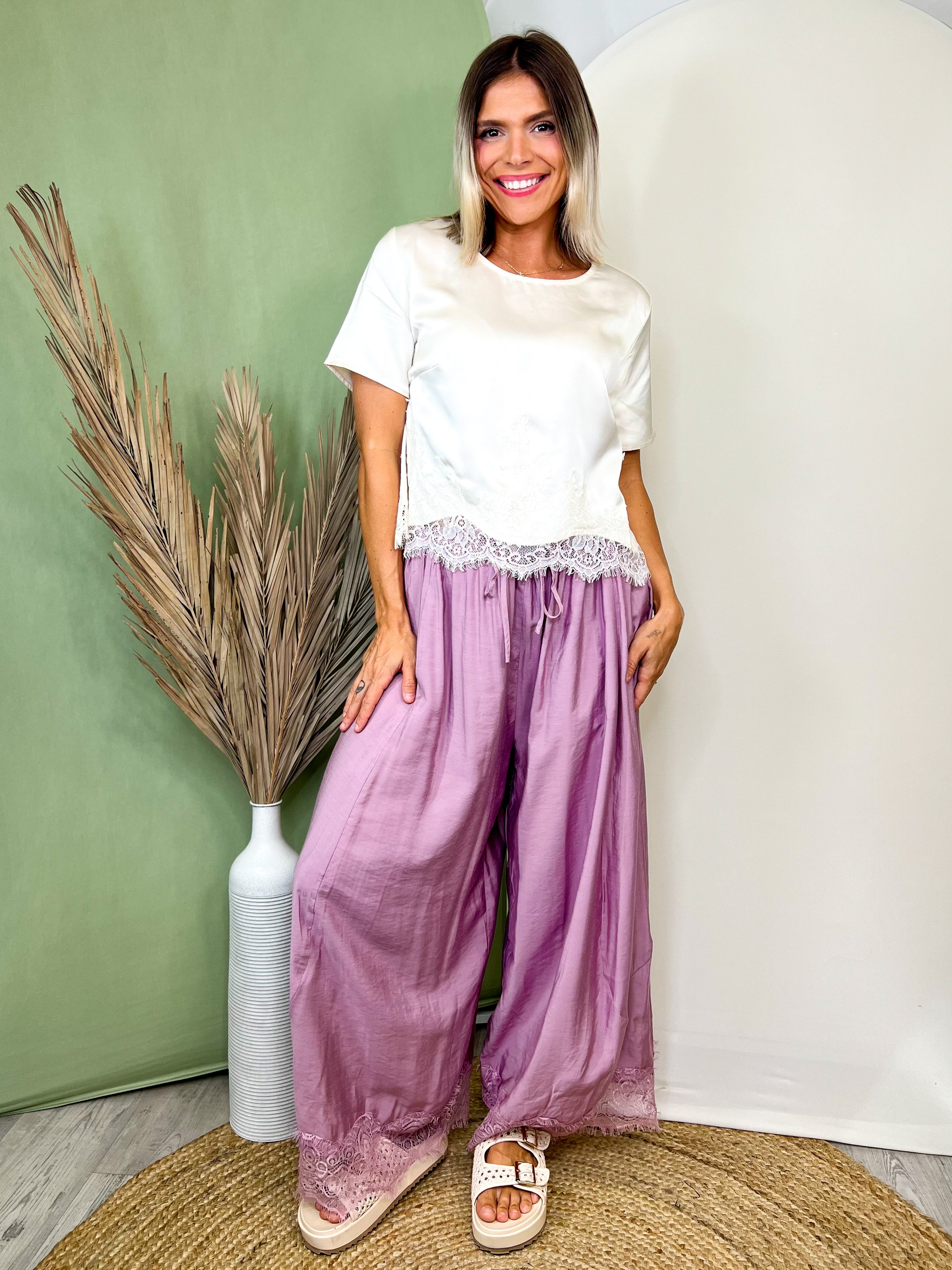 Lace & Leisure Wide Leg Pants-150 PANTS-ODDI-Heathered Boho Boutique, Women's Fashion and Accessories in Palmetto, FL