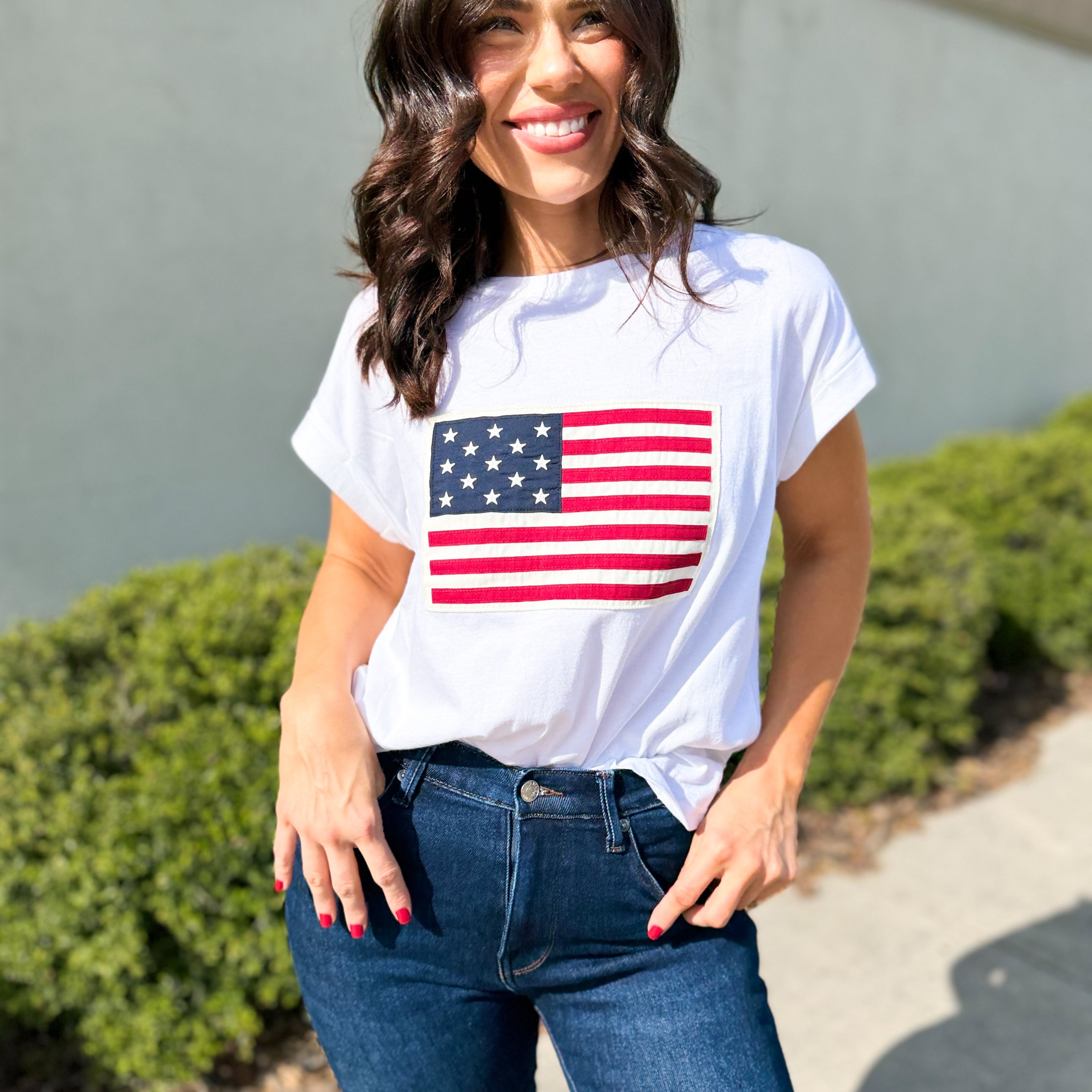 Old School Flag Top-110 SHORT SLEEVE TOP-ZENANA-Heathered Boho Boutique, Women's Fashion and Accessories in Palmetto, FL