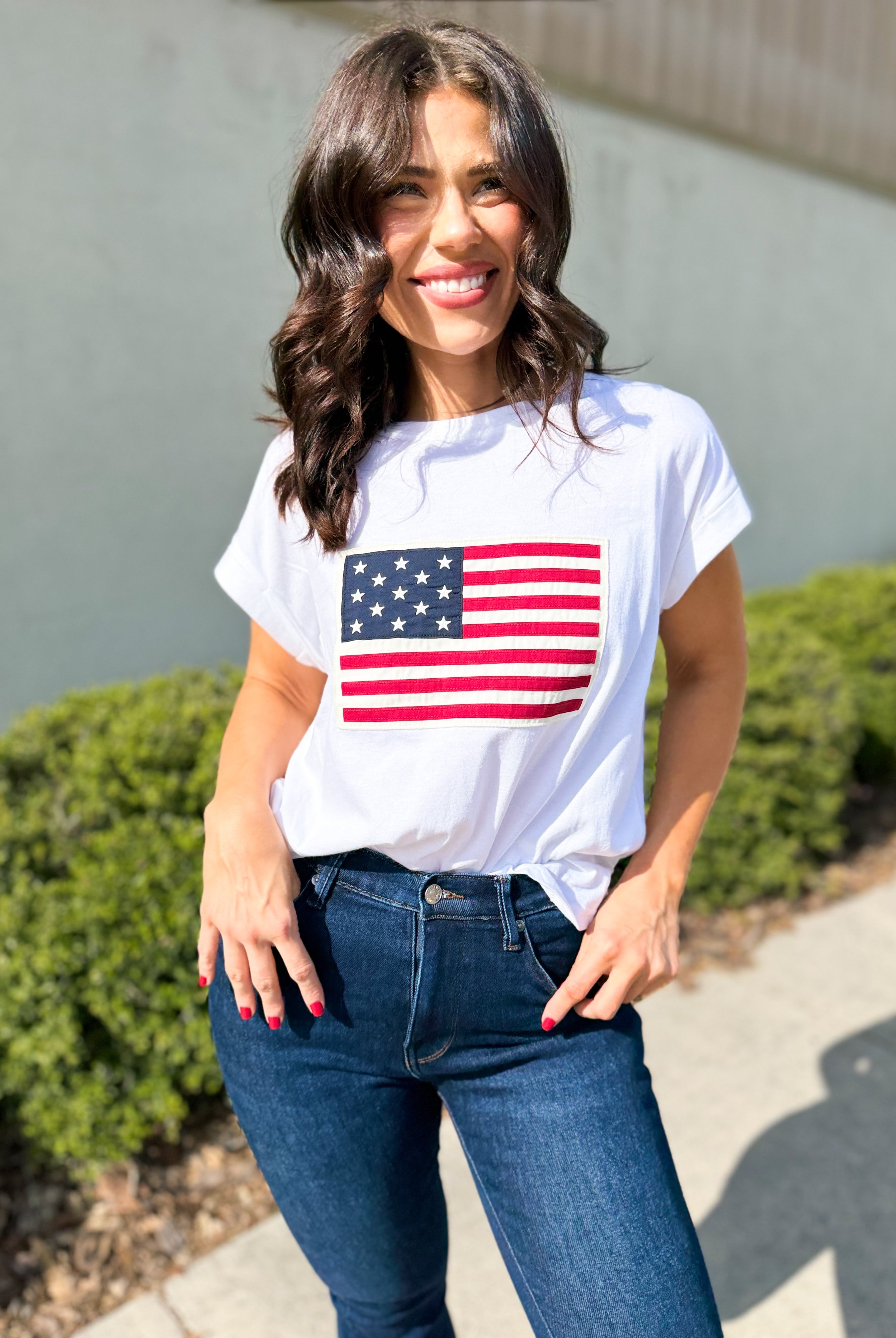 Old School Flag Top-110 SHORT SLEEVE TOP-ZENANA-Heathered Boho Boutique, Women's Fashion and Accessories in Palmetto, FL
