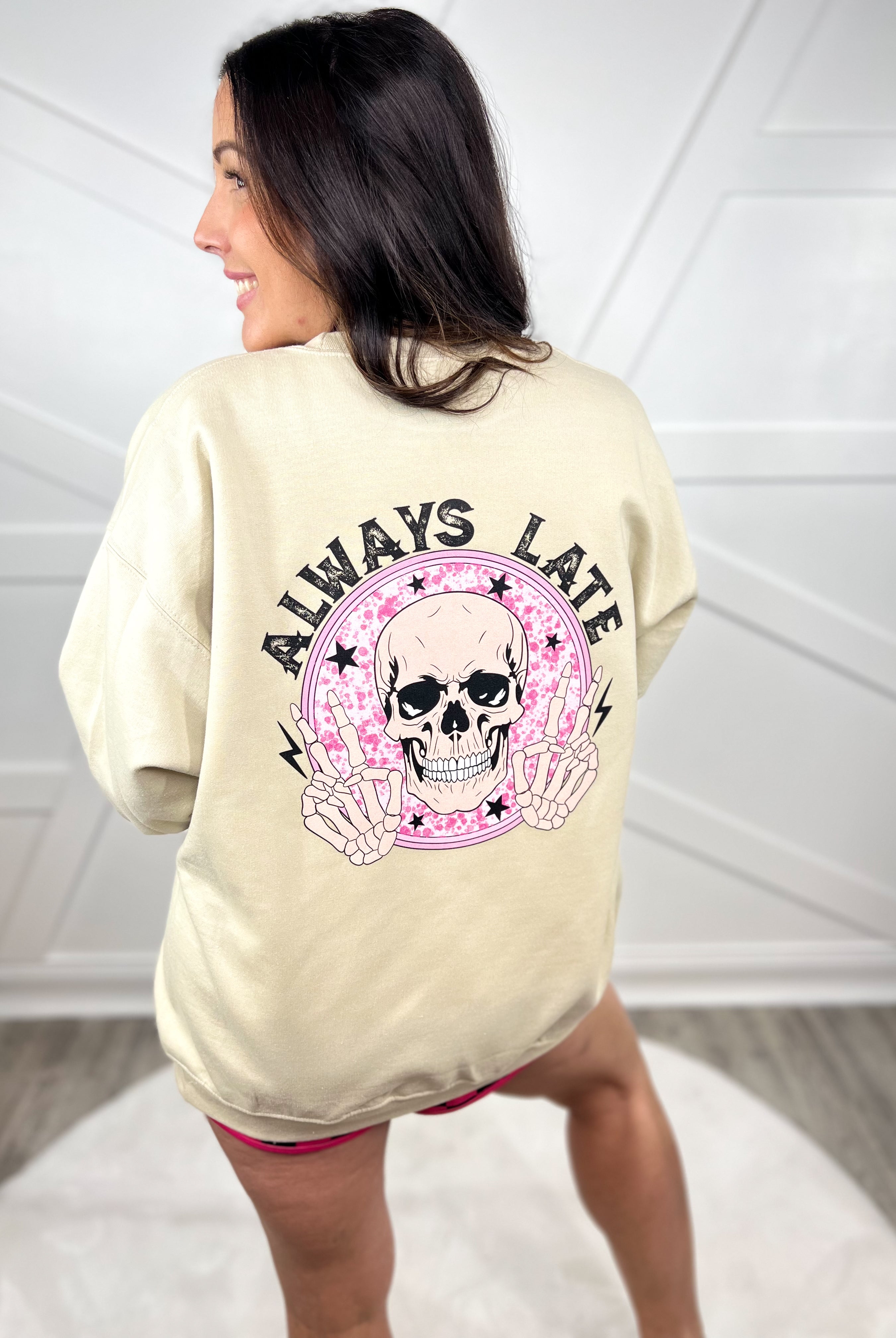 Always Late Graphic Crewneck Custom Cut Jacket-130 Graphic Tees-Heathered Boho-Heathered Boho Boutique, Women's Fashion and Accessories in Palmetto, FL