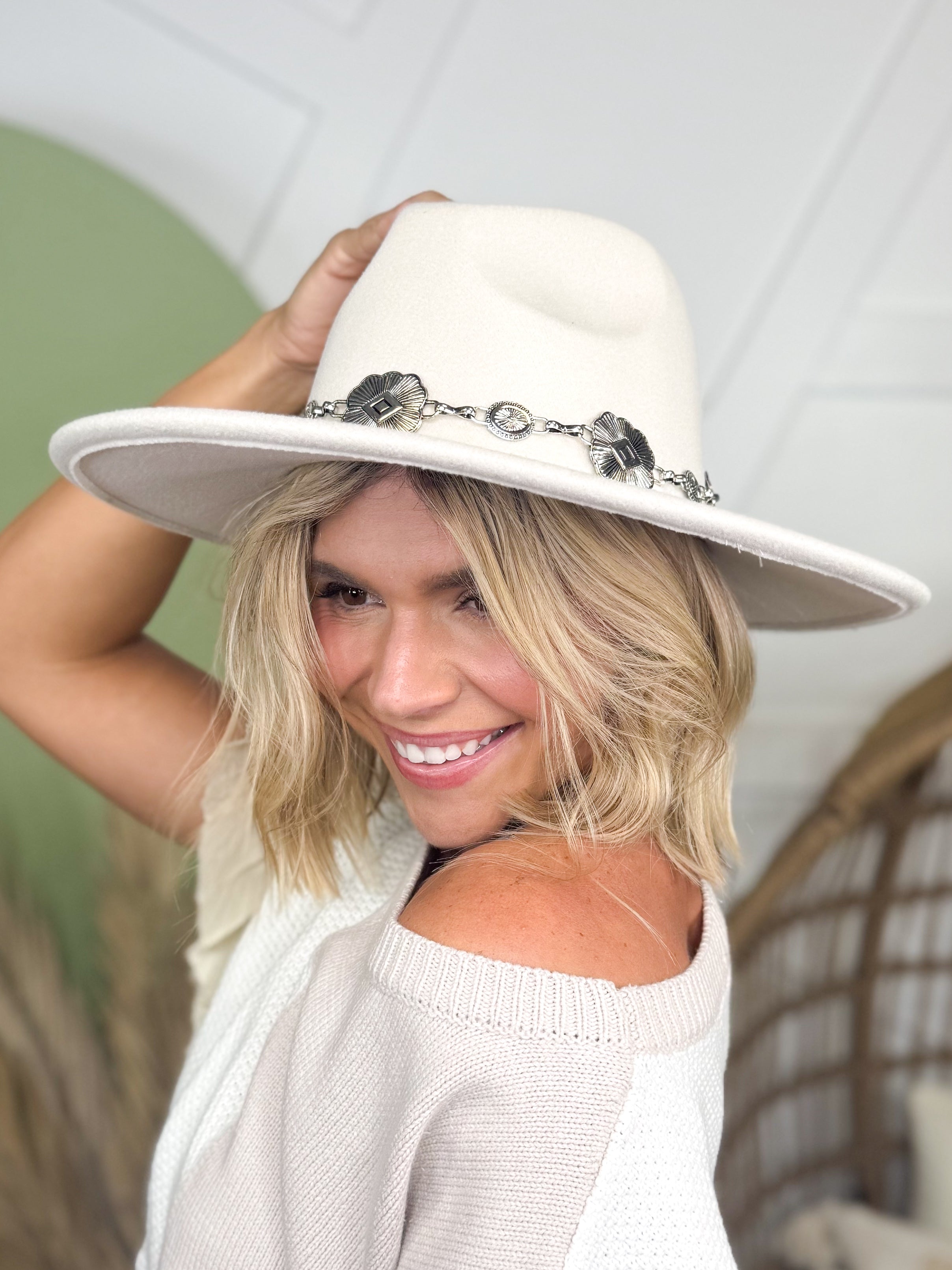 Concho Chain Strap Flat Brim Fedora Fashion Hat-330 Headwear-Fame Accessories-Heathered Boho Boutique, Women's Fashion and Accessories in Palmetto, FL