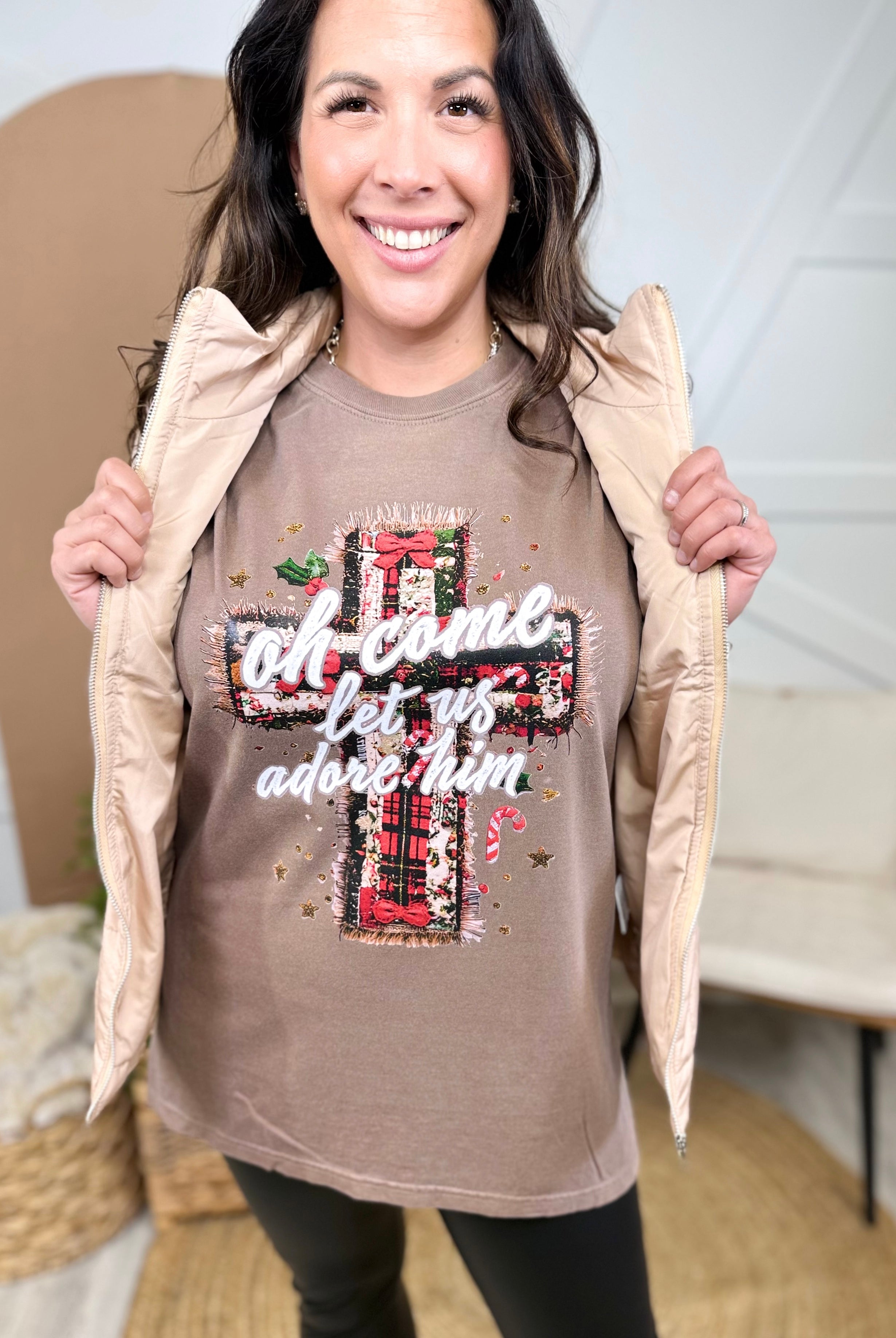 Oh Come Let Us Adore Him Graphic Long Sleeve-130 Graphic Tees-Heathered Boho-Heathered Boho Boutique, Women's Fashion and Accessories in Palmetto, FL
