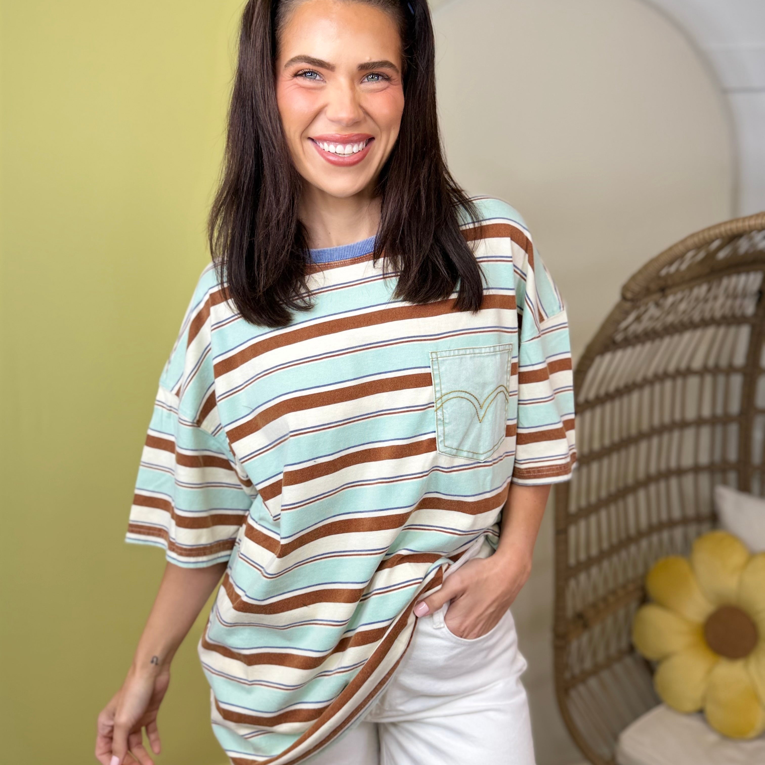 Coastal Stitch Stripe Tee-110 SHORT SLEEVE TOP-EASEL-Heathered Boho Boutique, Women's Fashion and Accessories in Palmetto, FL