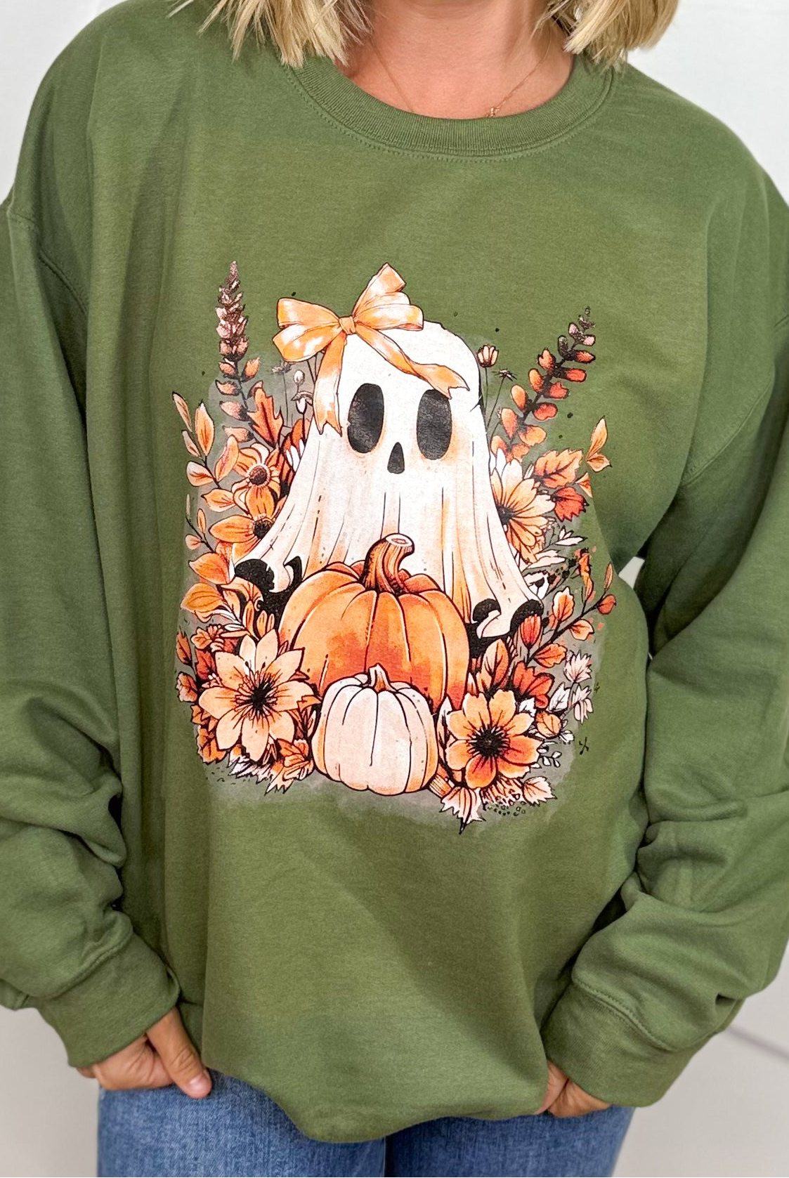 Floral Ghost Graphic Sweatshirt - Military Green-130 Graphic Tees-Heathered Boho-Heathered Boho Boutique, Women's Fashion and Accessories in Palmetto, FL