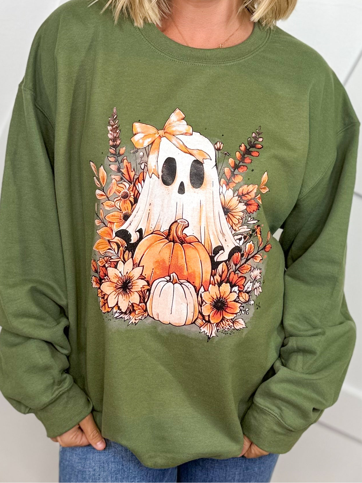 Floral Ghost Graphic Sweatshirt - Military Green-130 Graphic Tees-Heathered Boho-Heathered Boho Boutique, Women's Fashion and Accessories in Palmetto, FL