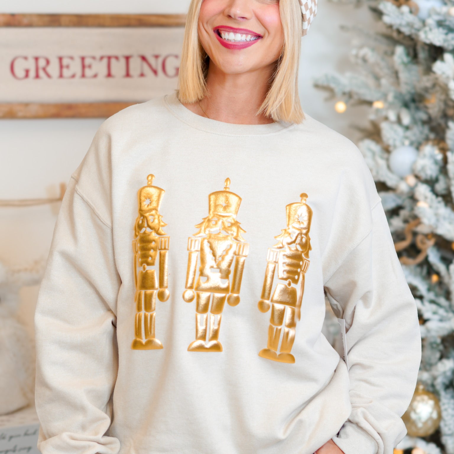 Nutcracker Metallic Puff Graphic Sweatshirt-130 Graphic Tees-SUGAR STITCH-Heathered Boho Boutique, Women's Fashion and Accessories in Palmetto, FL