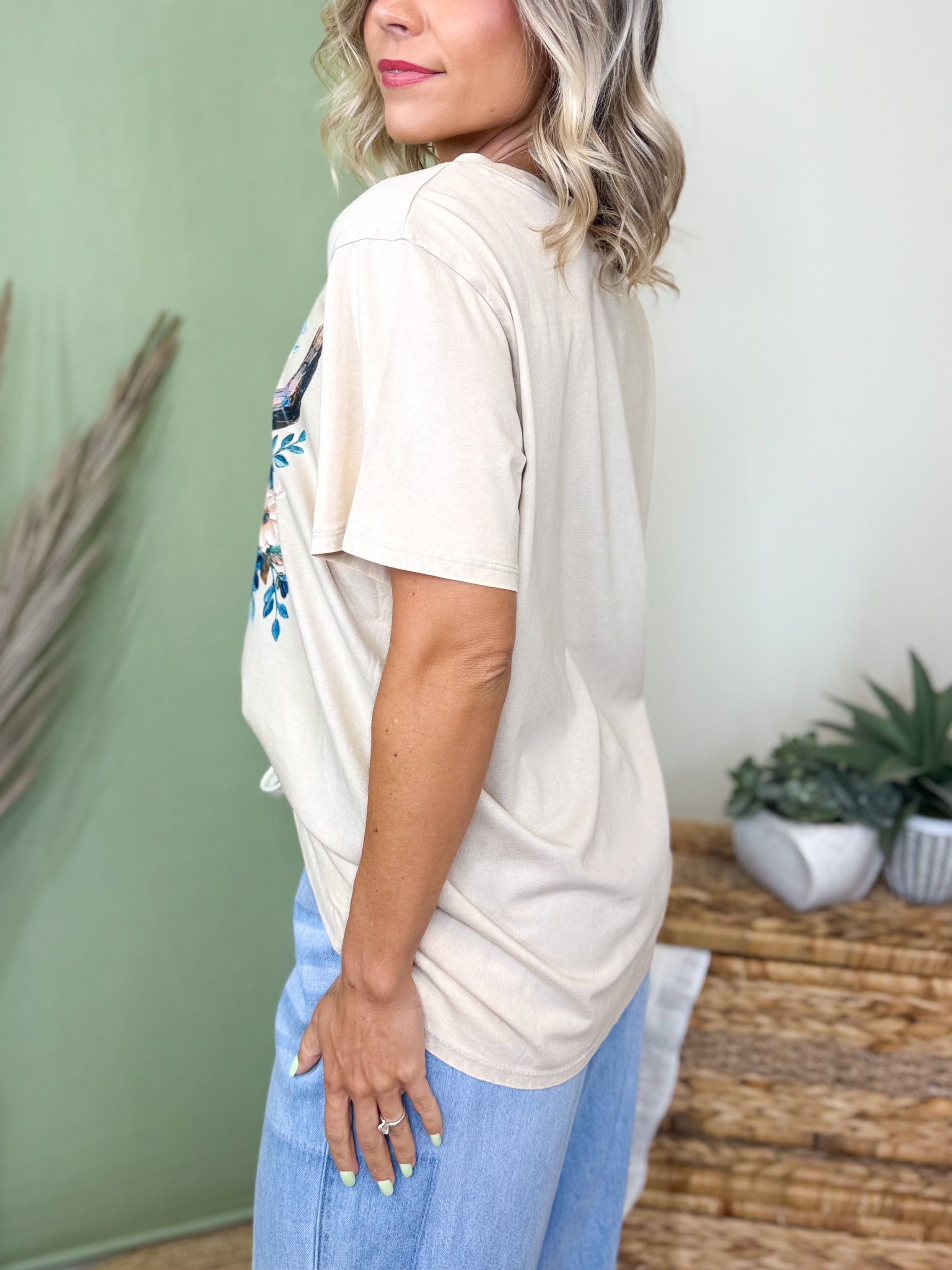 Teal Floral Bull Skull Graphic Tee-130 Graphic Tees-Heathered Boho-Heathered Boho Boutique, Women's Fashion and Accessories in Palmetto, FL