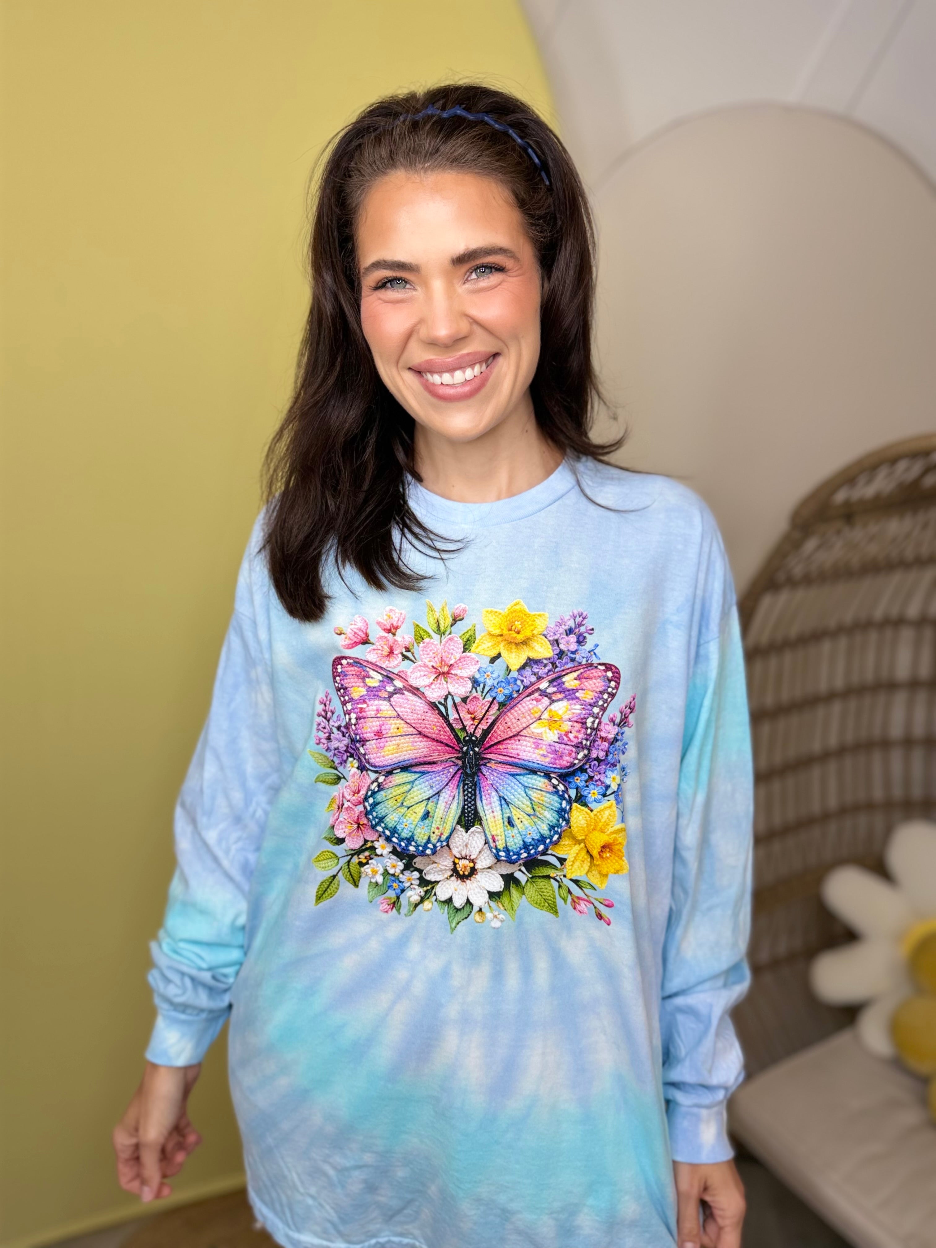 Latch Hook Butterfly Graphic Long Sleeve-130 Graphic Tees-Heathered Boho-Heathered Boho Boutique, Women's Fashion and Accessories in Palmetto, FL