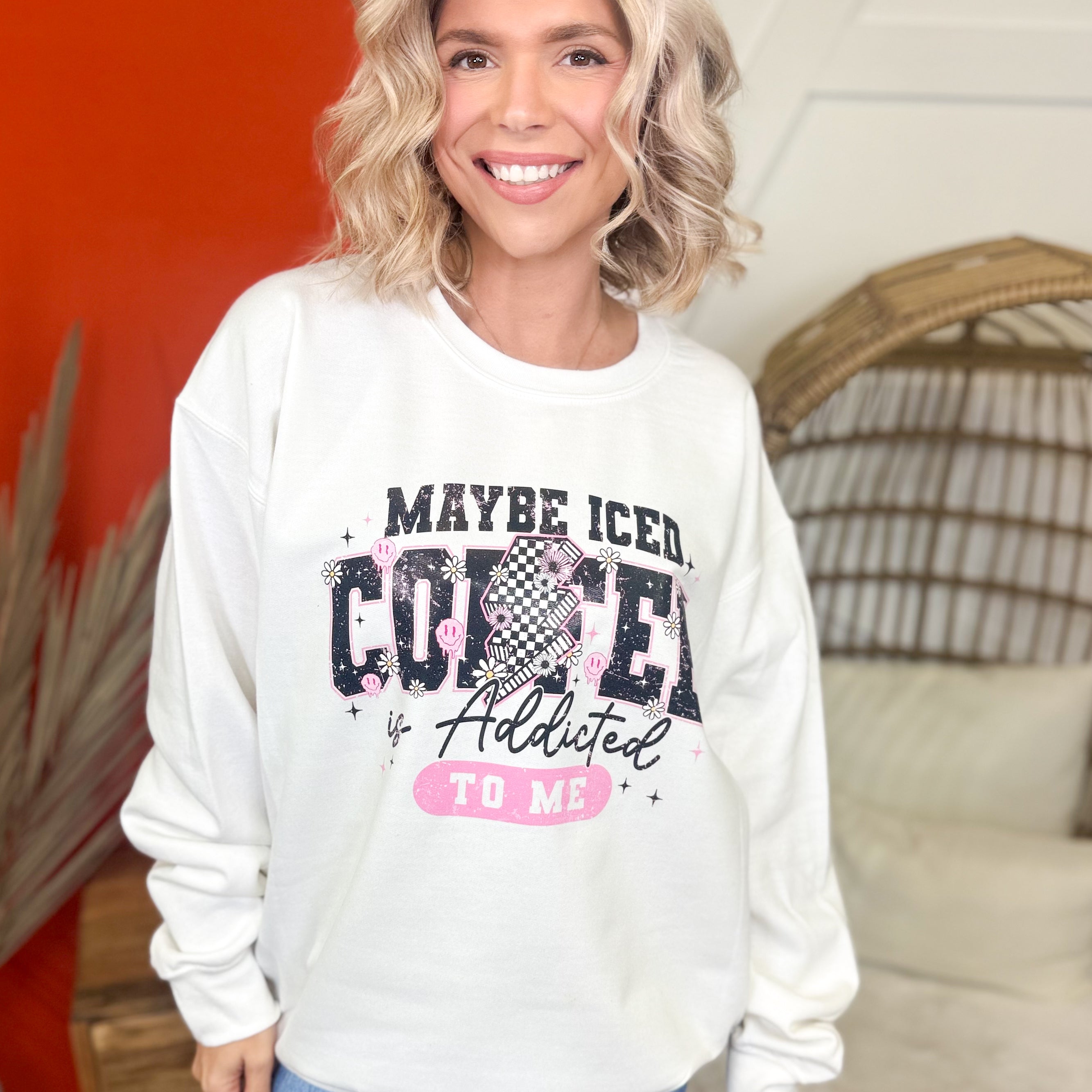 Maybe Iced Coffee Is Addicted to Me Graphic Sweatshirt-130 Graphic Tees-Heathered Boho-Heathered Boho Boutique, Women's Fashion and Accessories in Palmetto, FL