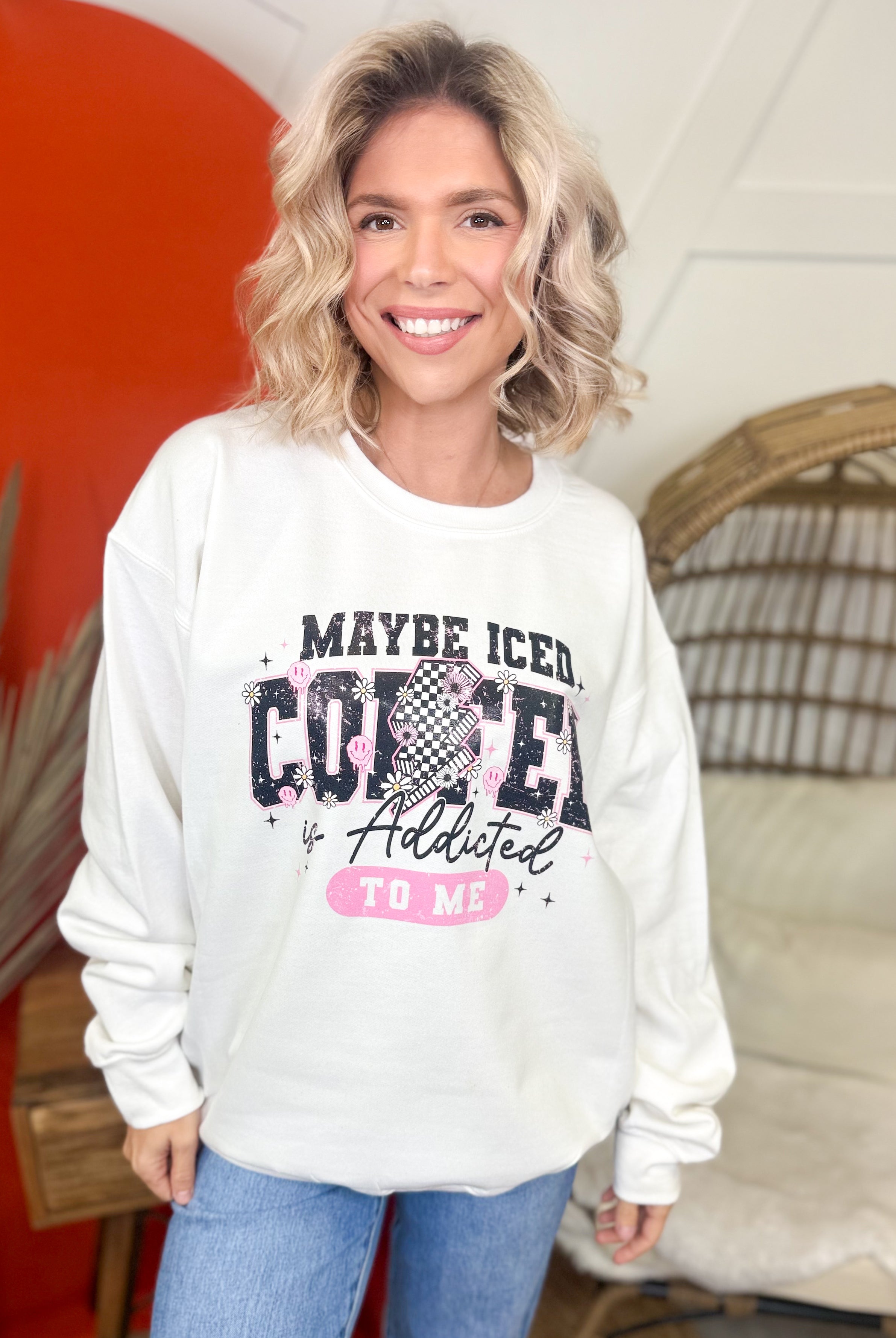 Maybe Iced Coffee Is Addicted to Me Graphic Sweatshirt-130 Graphic Tees-Heathered Boho-Heathered Boho Boutique, Women's Fashion and Accessories in Palmetto, FL