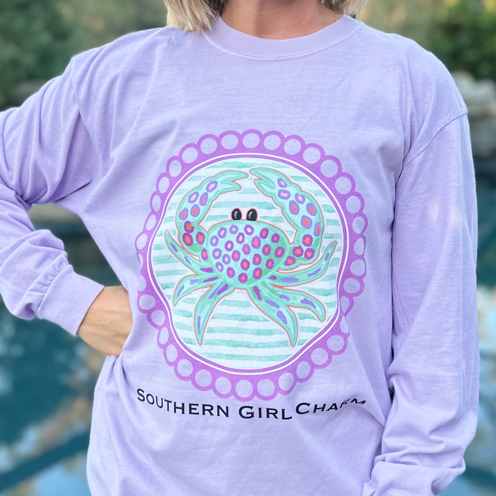 Southern Girl Charm Crab Graphic Long Sleeve - Orchid-130 Graphic Tees-Heathered Boho-Heathered Boho Boutique, Women's Fashion and Accessories in Palmetto, FL