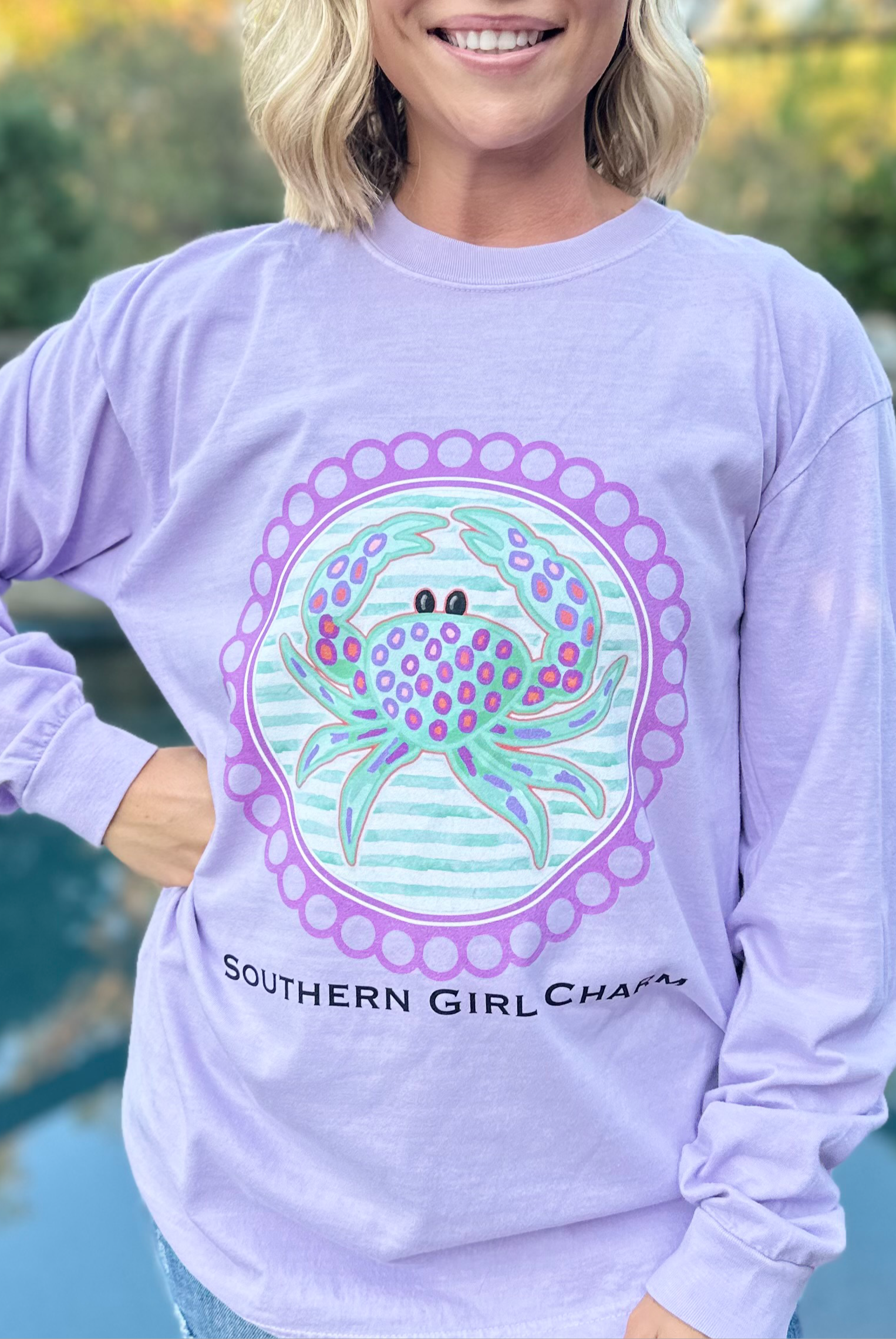 Southern Girl Charm Crab Graphic Long Sleeve - Orchid-130 Graphic Tees-Heathered Boho-Heathered Boho Boutique, Women's Fashion and Accessories in Palmetto, FL