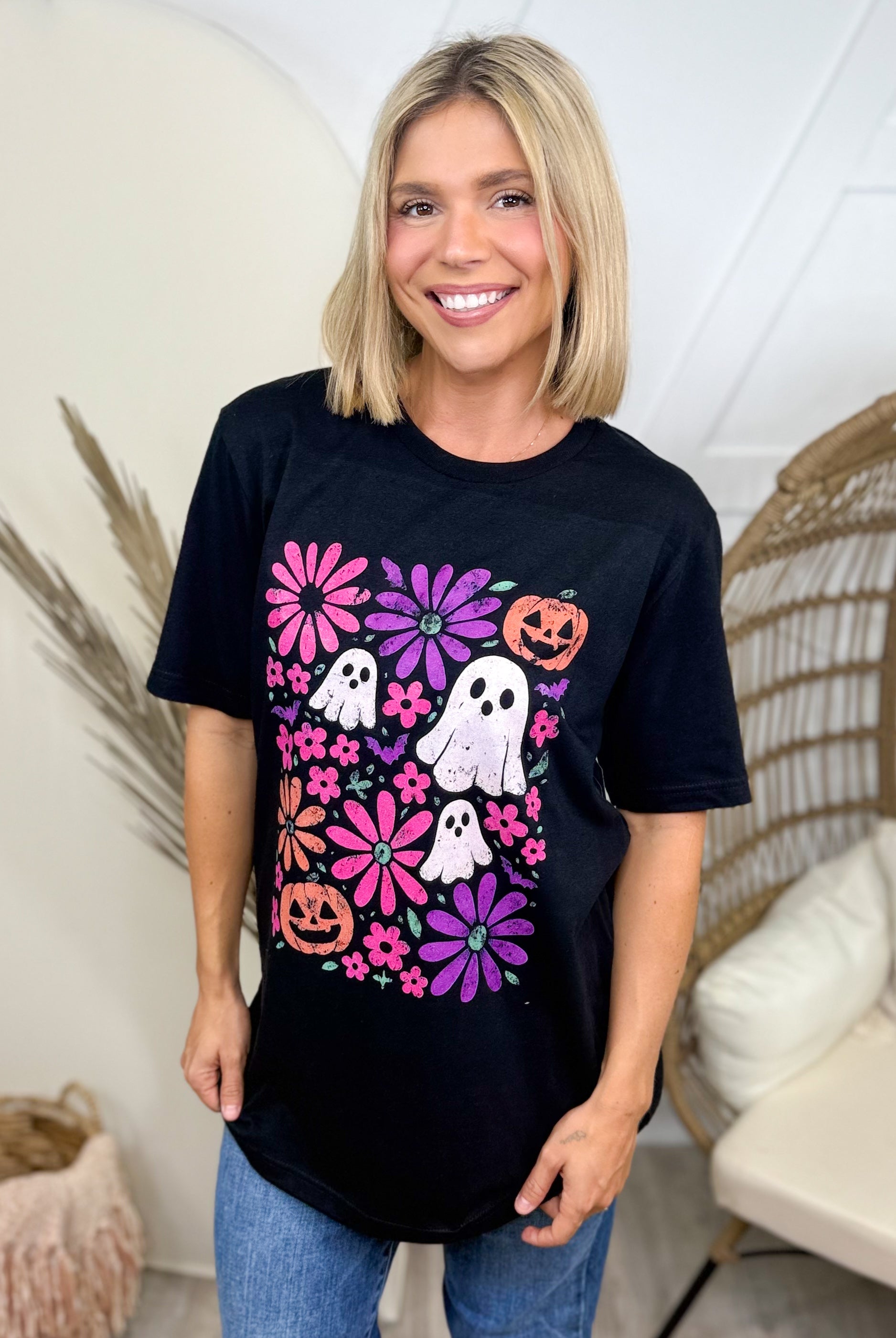 Boho Ghost & Flowers Graphic Tee-130 Graphic Tees-Heathered Boho-Heathered Boho Boutique, Women's Fashion and Accessories in Palmetto, FL