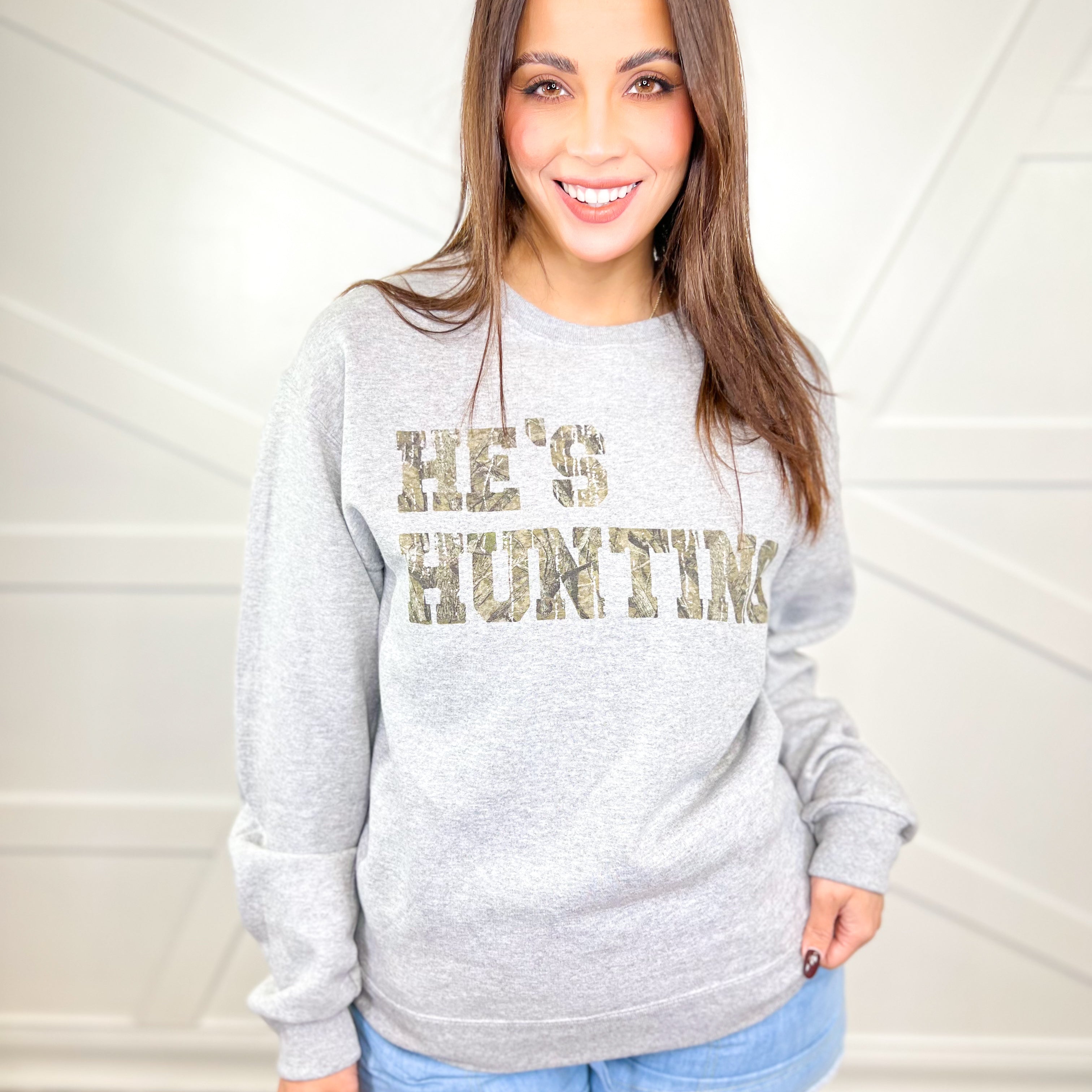 He's Hunting Graphic Sweatshirt-130 Graphic Tees-SUGAR STITCH-Heathered Boho Boutique, Women's Fashion and Accessories in Palmetto, FL