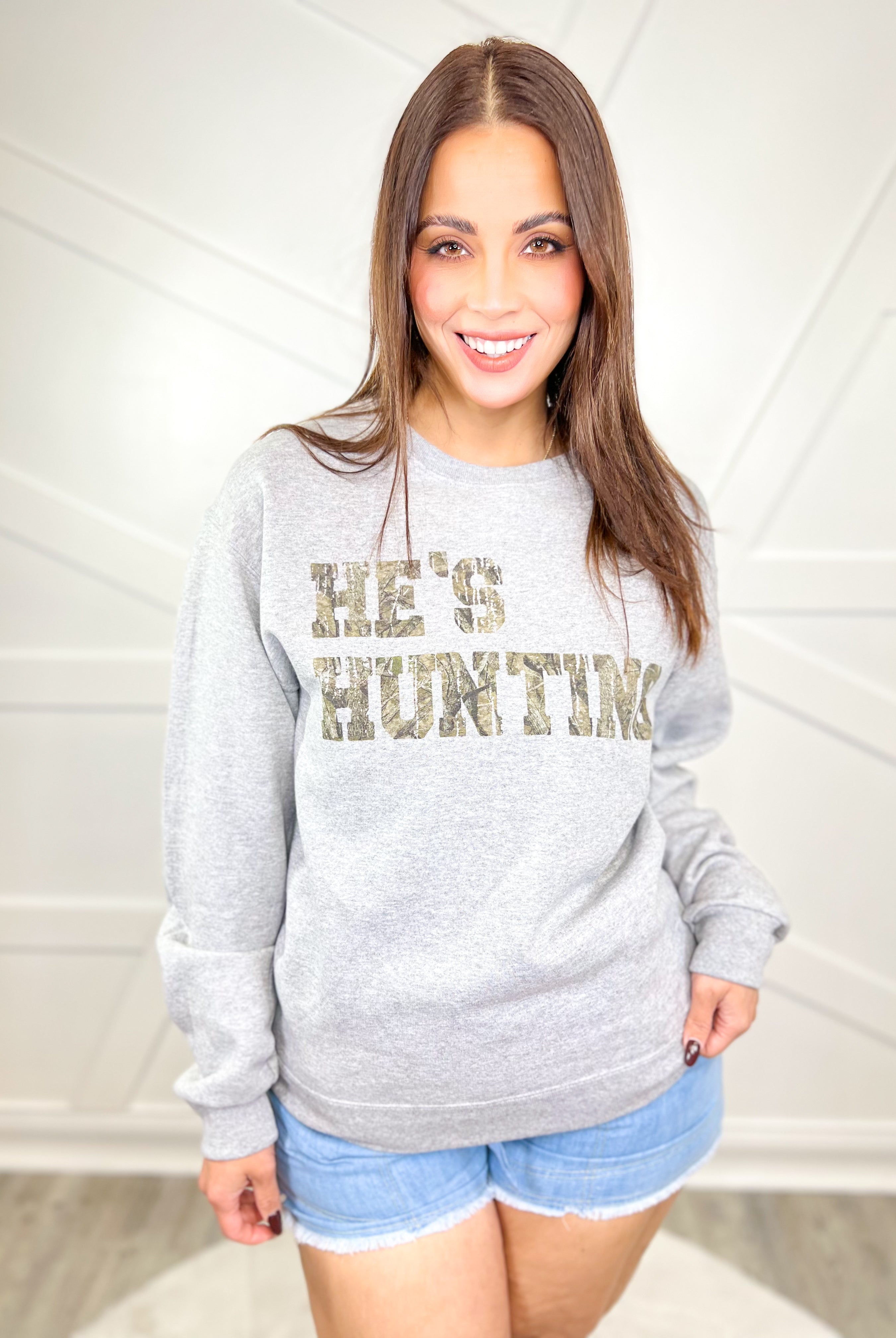 He's Hunting Graphic Sweatshirt-130 Graphic Tees-SUGAR STITCH-Heathered Boho Boutique, Women's Fashion and Accessories in Palmetto, FL