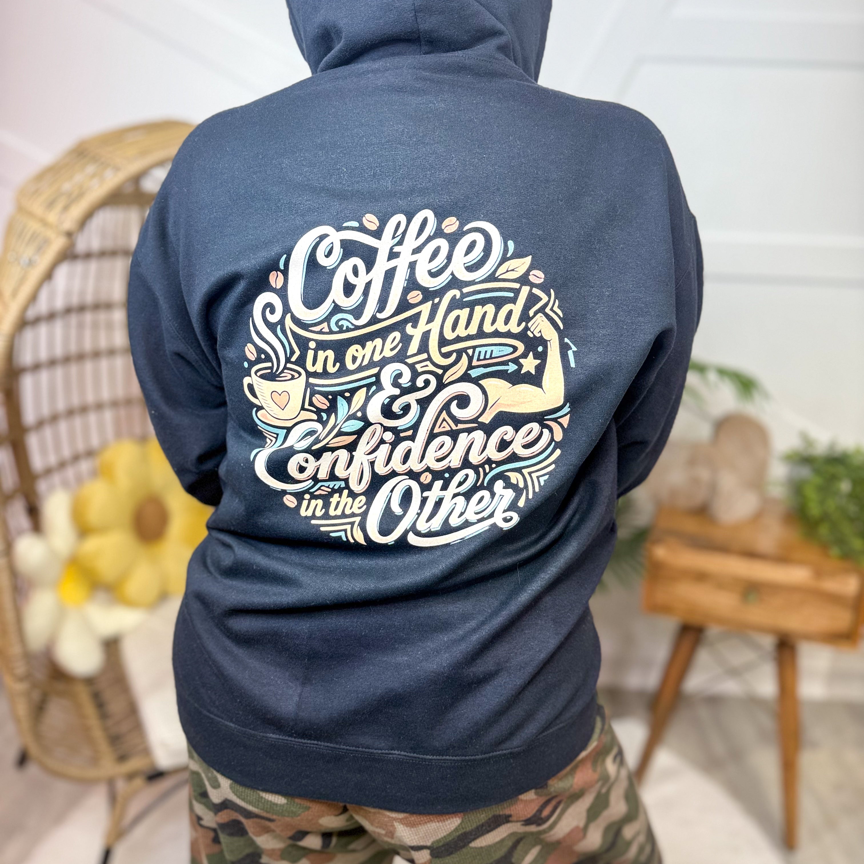 Coffee & Confidence w/ Pocket Graphic Zip-Up Hooded Sweatshirt-130 Graphic Tees-Heathered Boho-Heathered Boho Boutique, Women's Fashion and Accessories in Palmetto, FL