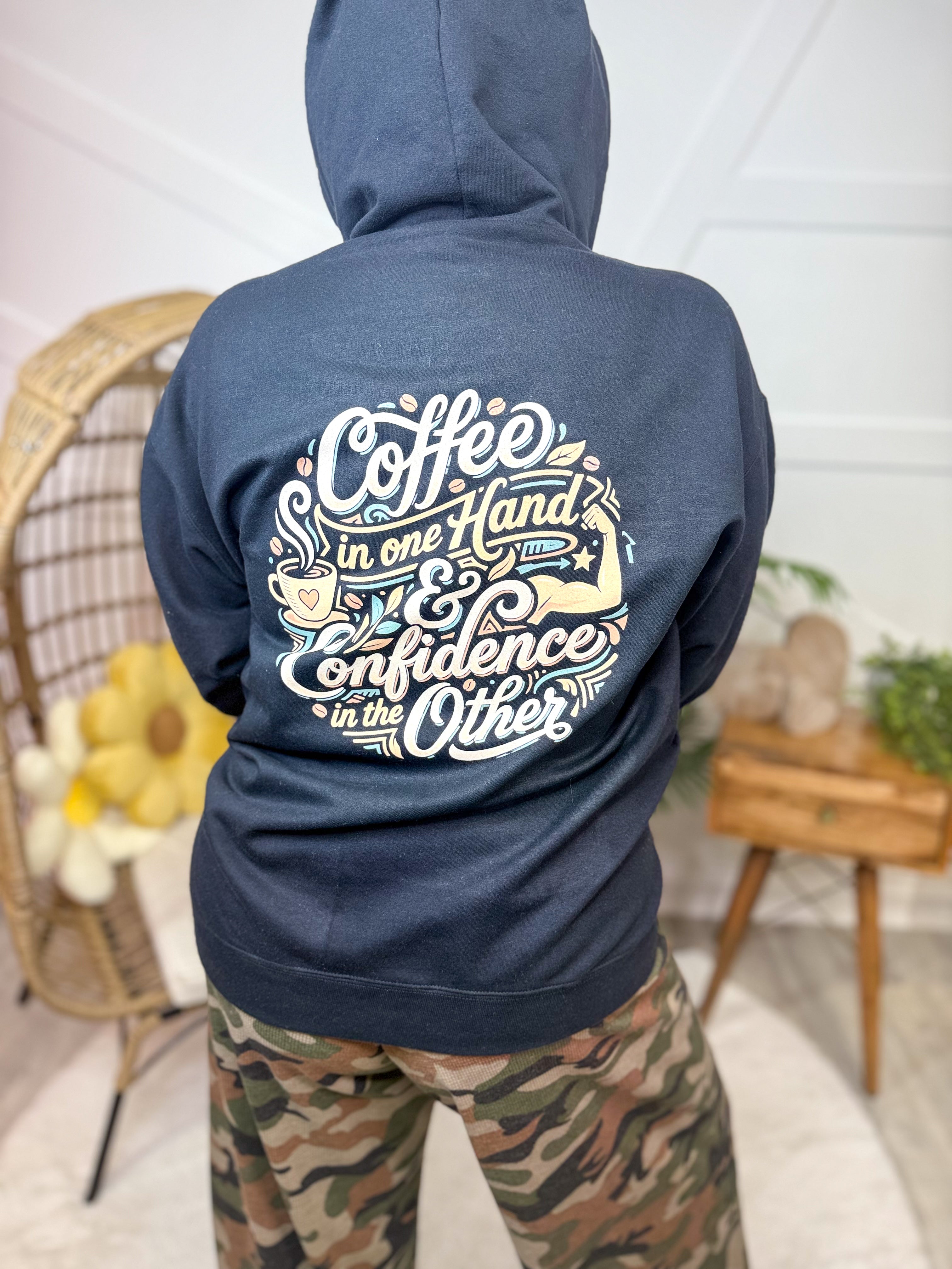 Coffee & Confidence Graphic Zip-Up Hooded Sweatshirt-130 Graphic Tees-Heathered Boho-Heathered Boho Boutique, Women's Fashion and Accessories in Palmetto, FL