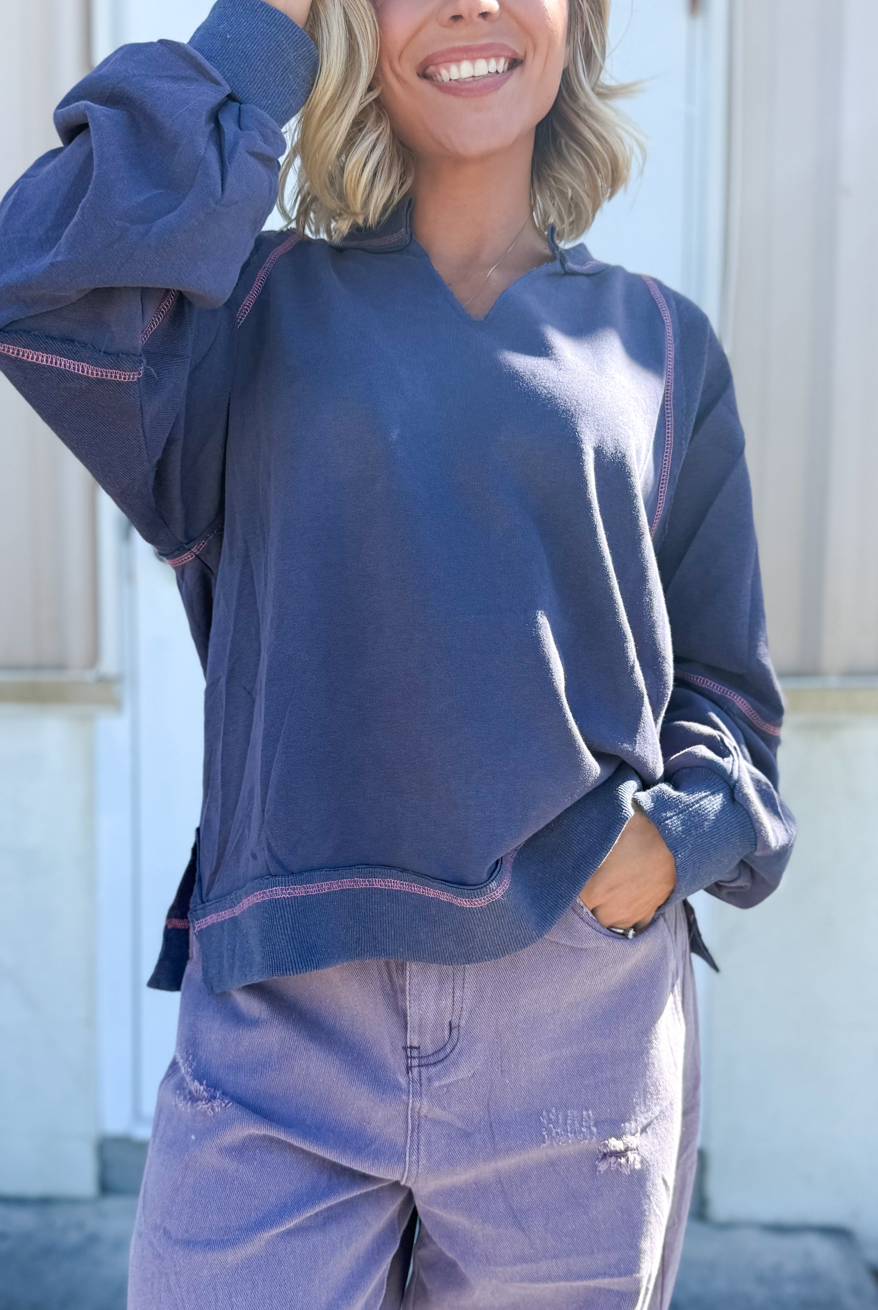 Stark Contrast Sweatshirt-120 LONG SLEEVE TOPS-ODDI-Heathered Boho Boutique, Women's Fashion and Accessories in Palmetto, FL