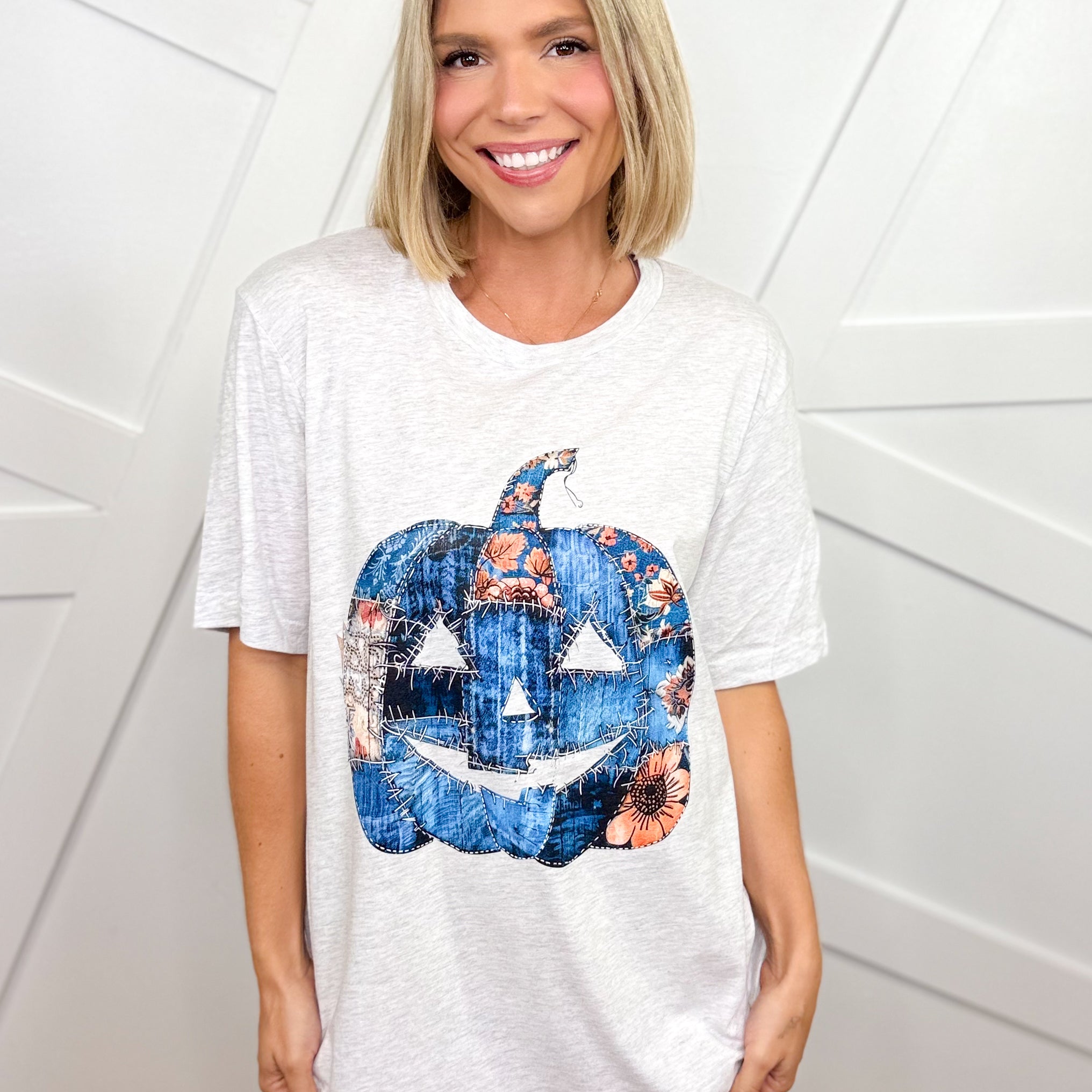 Denim Patchwork Pumpkin Graphic Tee-130 Graphic Tees-Heathered Boho-Heathered Boho Boutique, Women's Fashion and Accessories in Palmetto, FL