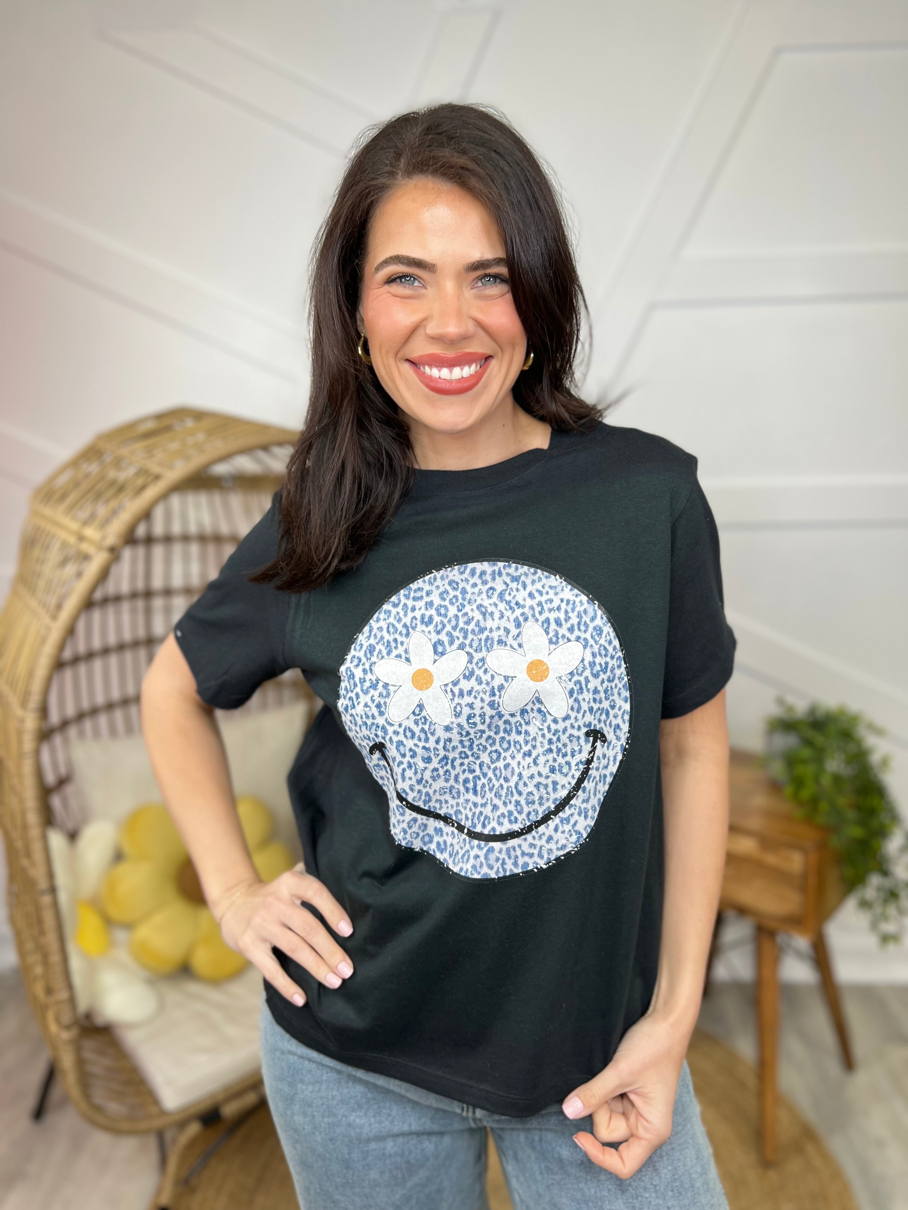 Leopard Print Smiley Daisy Eyes Graphic Tee-130 Graphic Tees-Heathered Boho-Heathered Boho Boutique, Women's Fashion and Accessories in Palmetto, FL