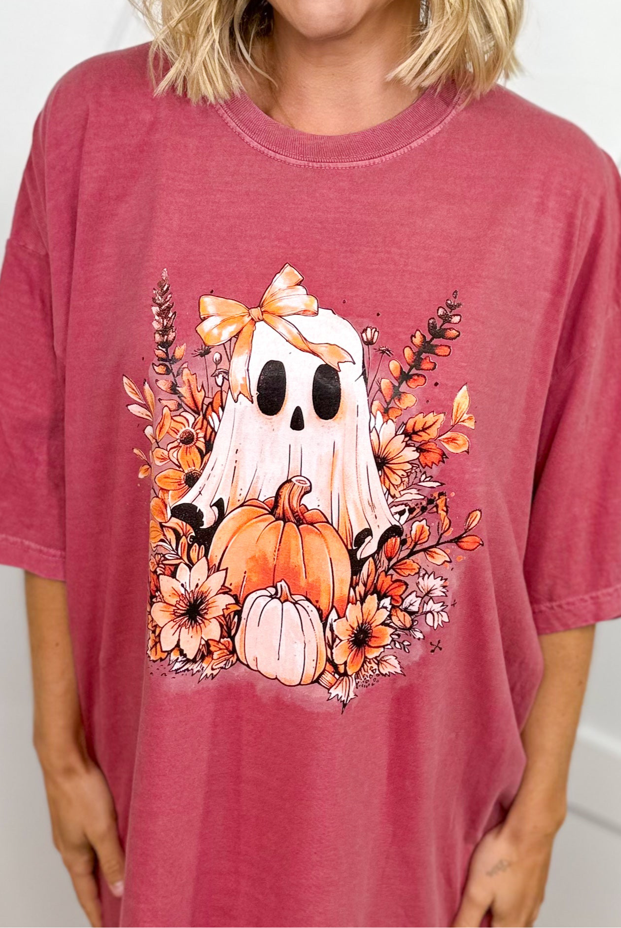 Floral Ghost Graphic Tee - Brick-130 Graphic Tees-Heathered Boho-Heathered Boho Boutique, Women's Fashion and Accessories in Palmetto, FL