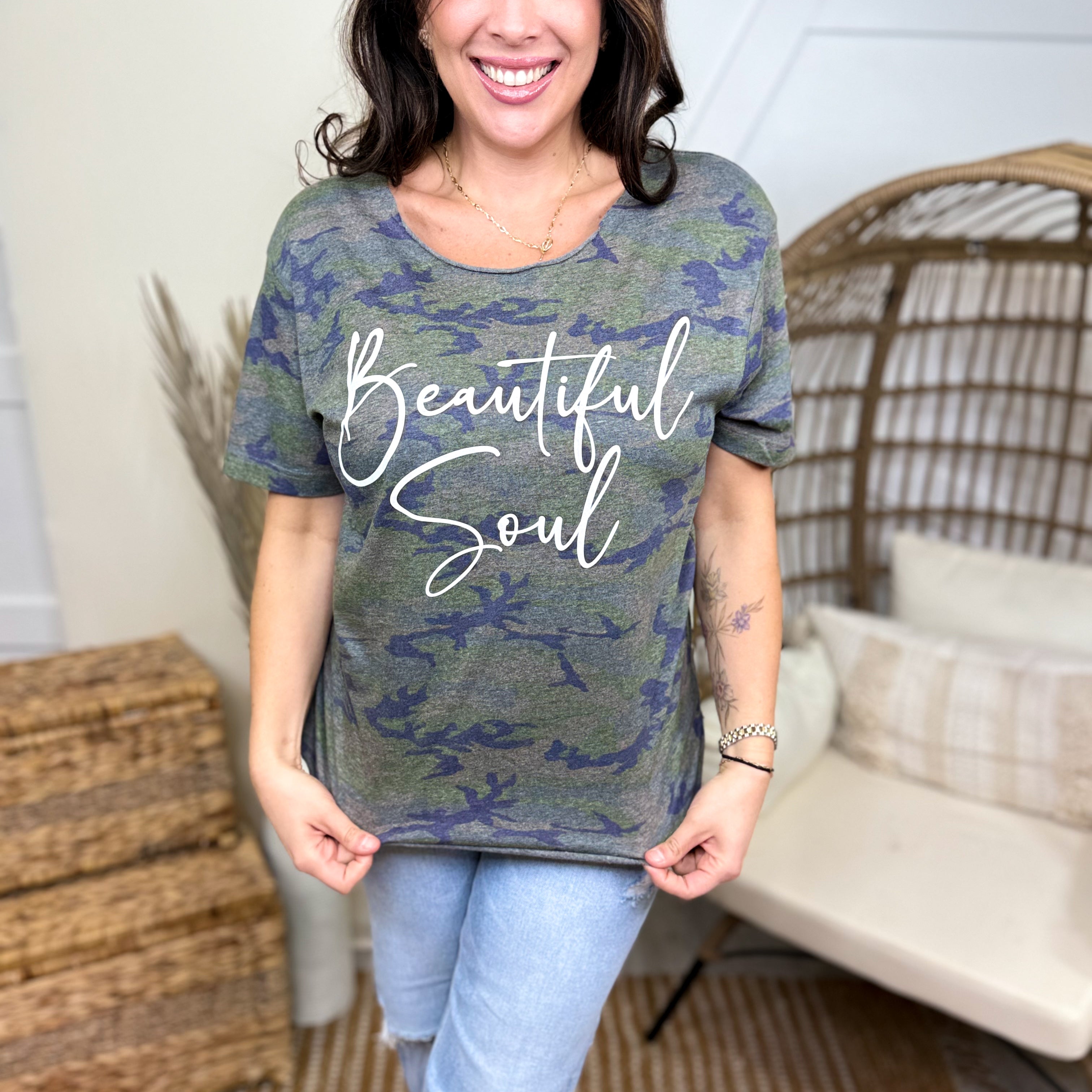 Beautiful Soul Custom Cut Graphic Tee-130 Graphic Tees-Heathered Boho-Heathered Boho Boutique, Women's Fashion and Accessories in Palmetto, FL
