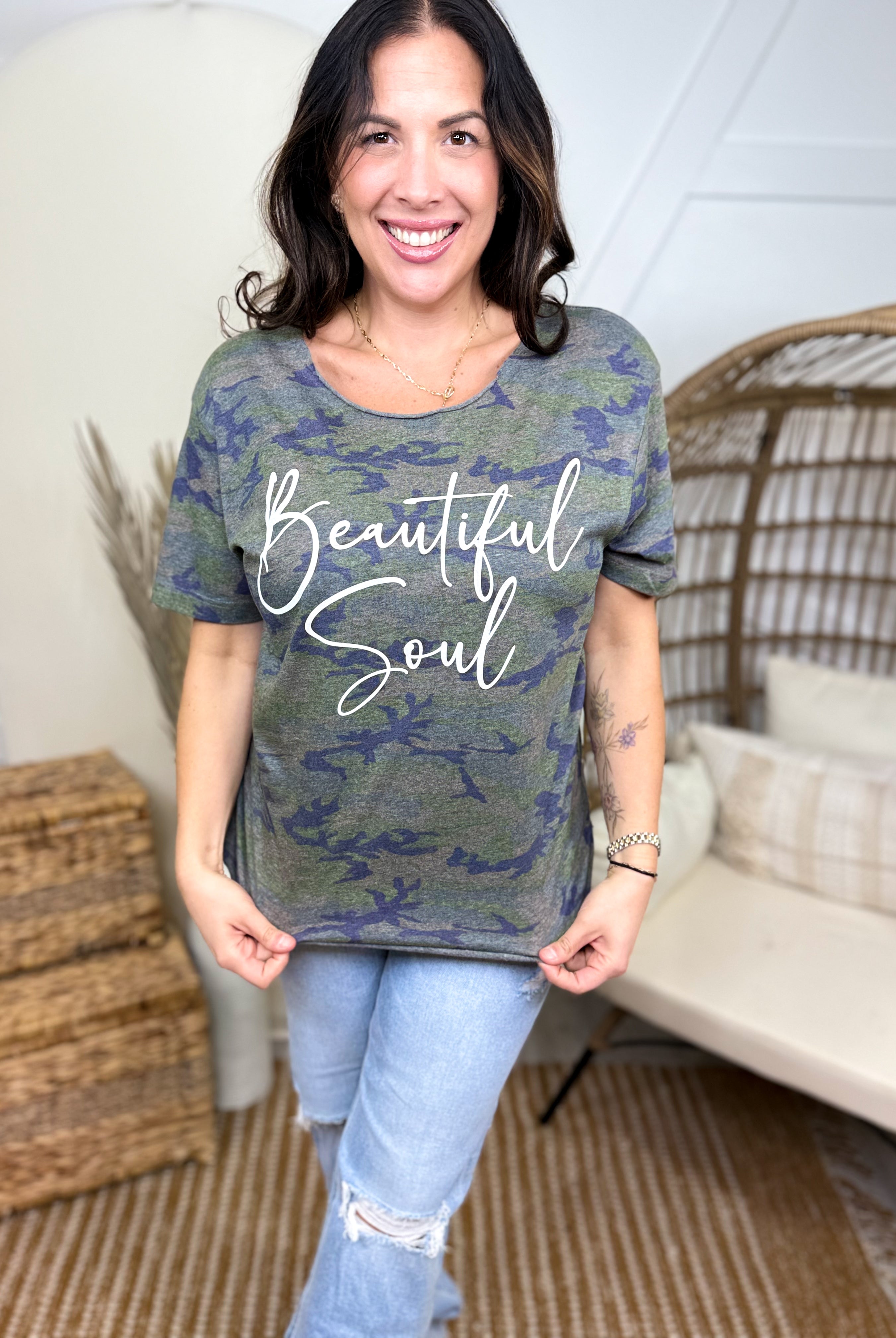 Beautiful Soul Custom Cut Graphic Tee-130 Graphic Tees-Heathered Boho-Heathered Boho Boutique, Women's Fashion and Accessories in Palmetto, FL
