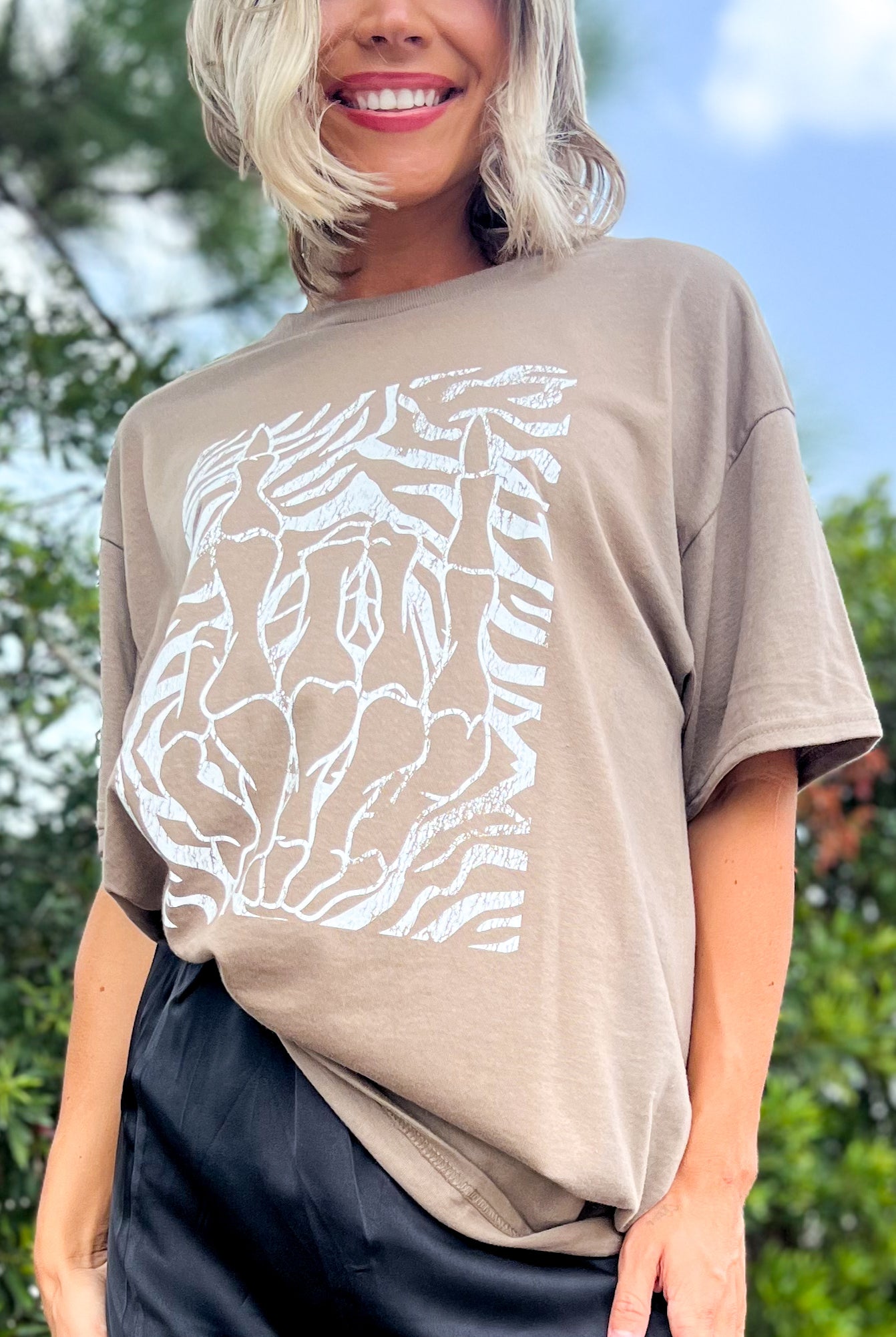 Zebra Skeleton Rock On Graphic Tee-130 Graphic Tees-Heathered Boho-Heathered Boho Boutique, Women's Fashion and Accessories in Palmetto, FL