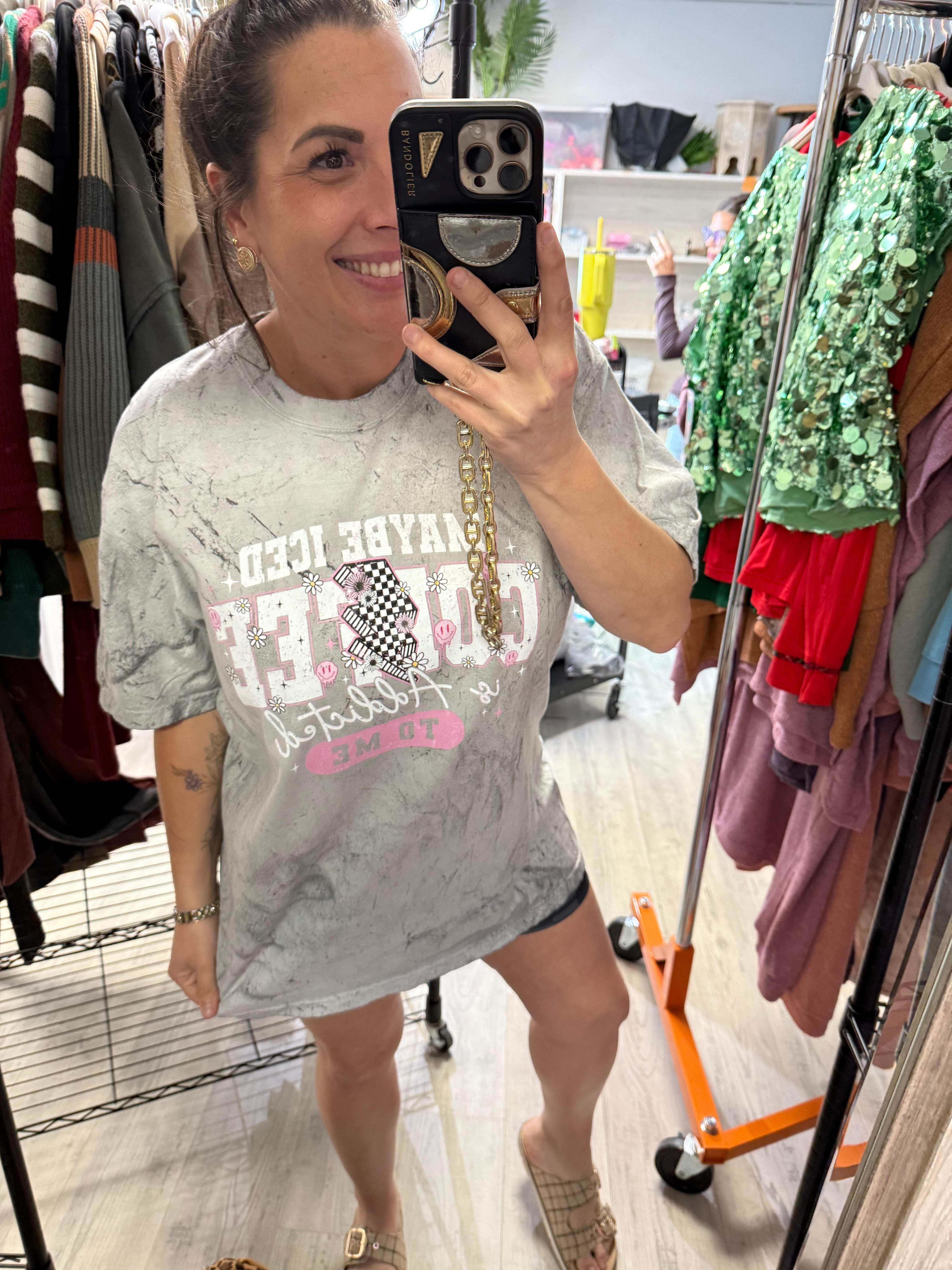 Maybe Iced Coffee is Addicted To Me Graphic Tee-130 Graphic Tees-Heathered Boho-Heathered Boho Boutique, Women's Fashion and Accessories in Palmetto, FL