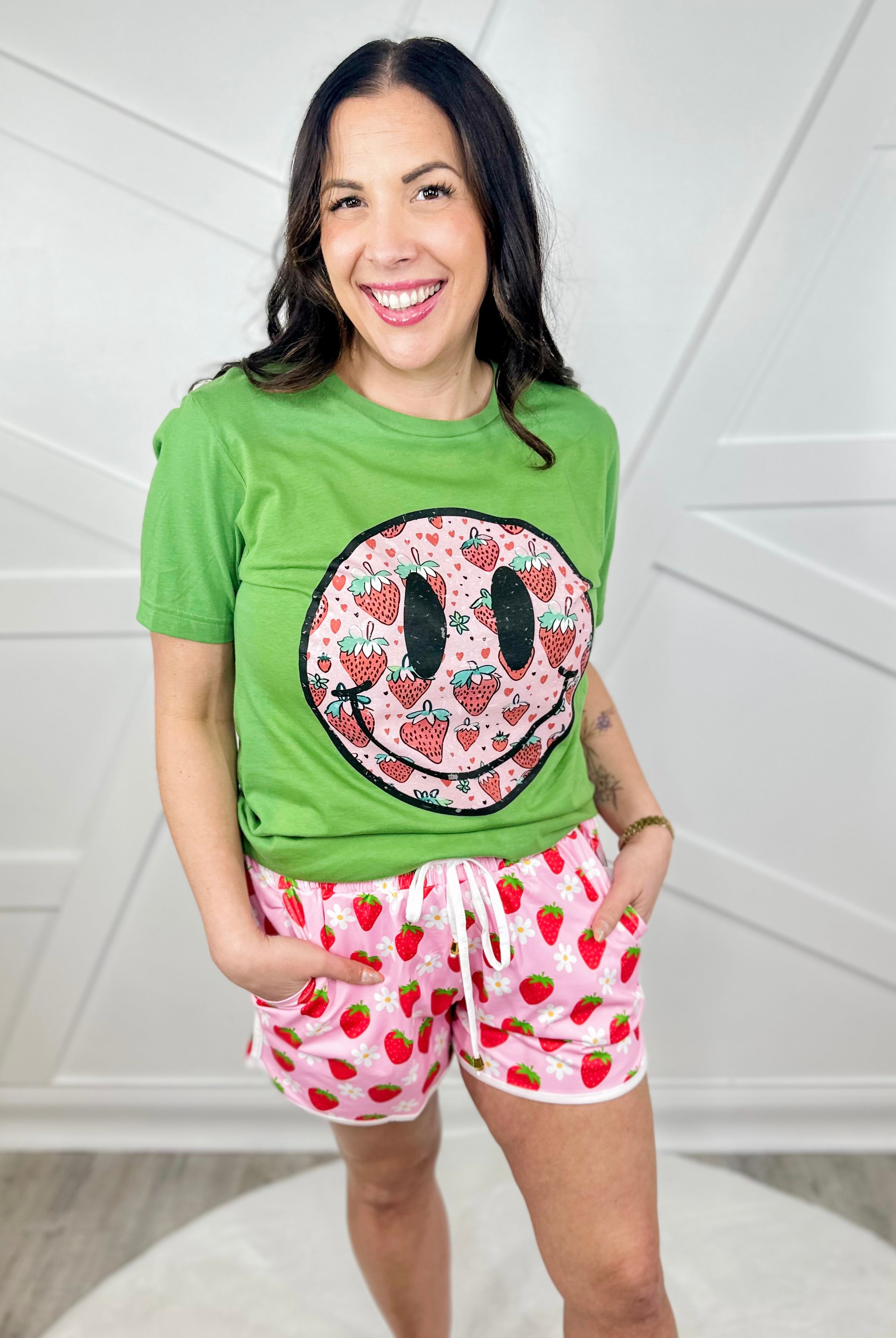 Strawberry Smiley Graphic Tee - Leaf-130 Graphic Tees-Heathered Boho-Heathered Boho Boutique, Women's Fashion and Accessories in Palmetto, FL