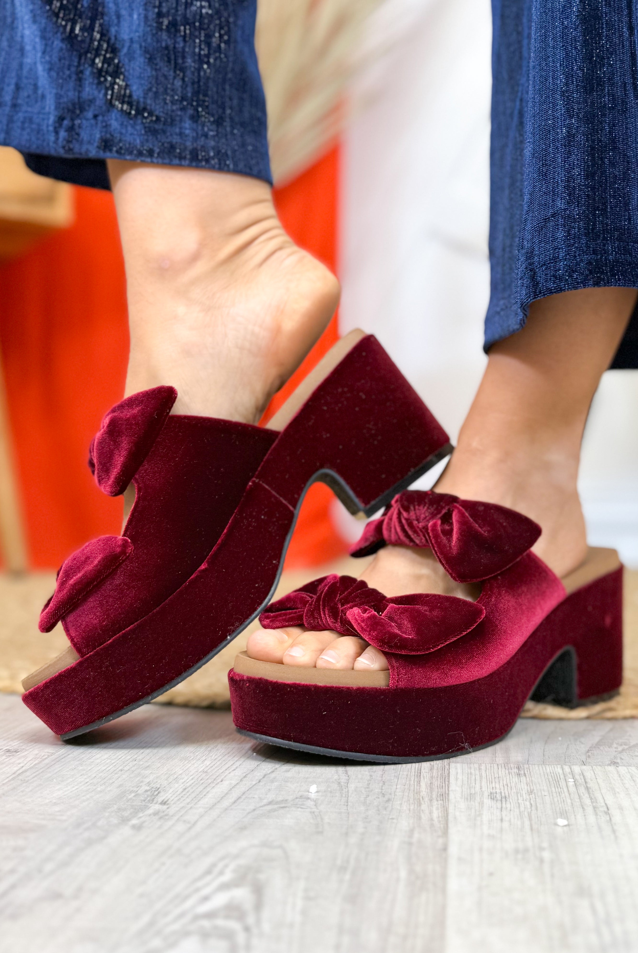 Put a Bow On It Wedges - Burgundy Velvet-350 SHOES-Corkys-Heathered Boho Boutique, Women's Fashion and Accessories in Palmetto, FL