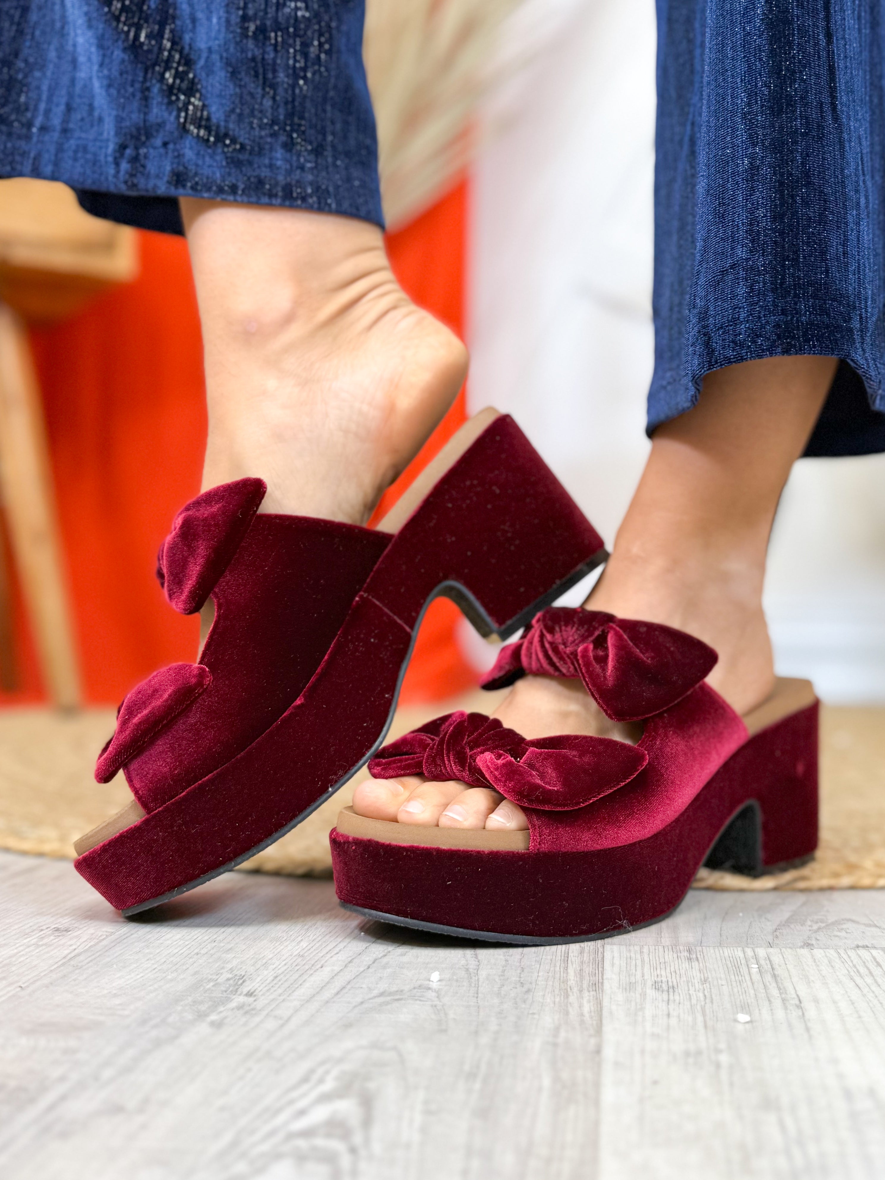 Put a Bow On It Wedges - Burgundy Velvet-350 SHOES-Corkys-Heathered Boho Boutique, Women's Fashion and Accessories in Palmetto, FL