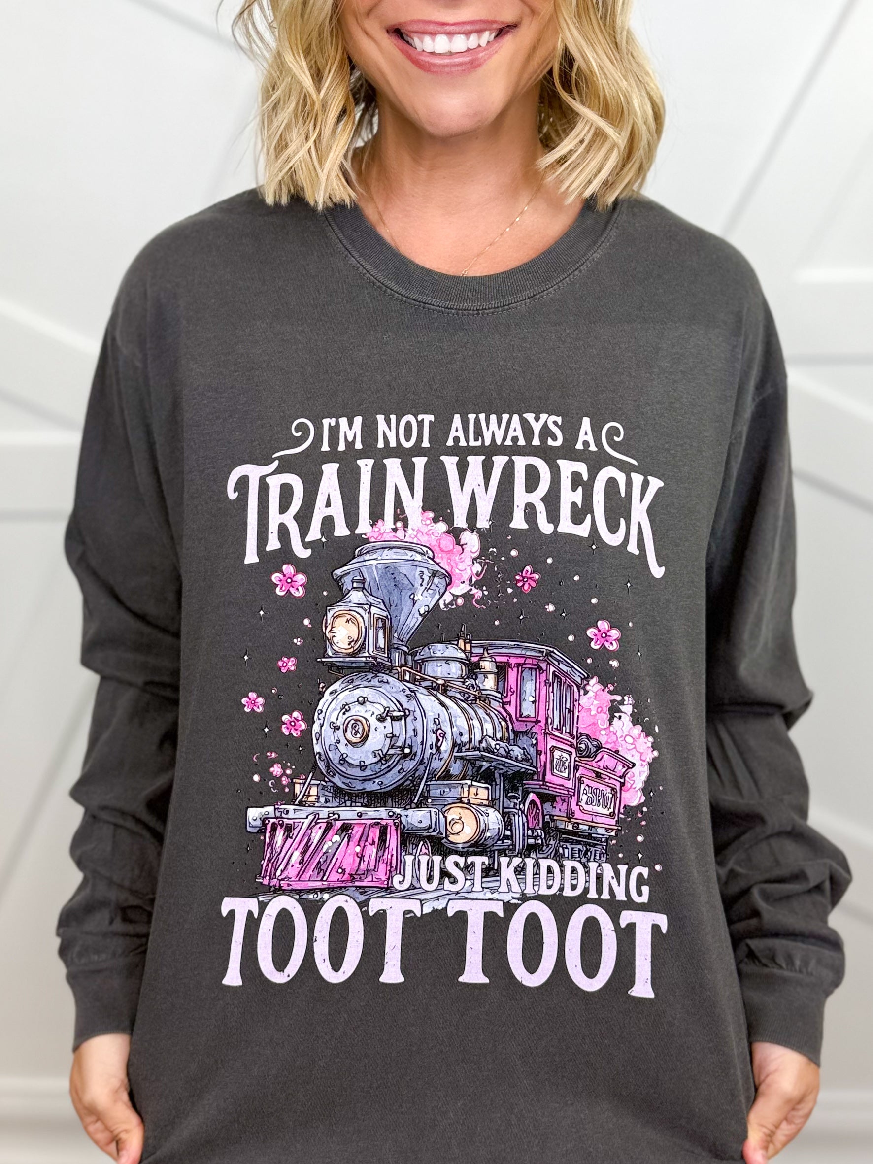 Not Always A Train Wreck Graphic Long Sleeve-Pepper-130 Graphic Tees-Heathered Boho-Heathered Boho Boutique, Women's Fashion and Accessories in Palmetto, FL