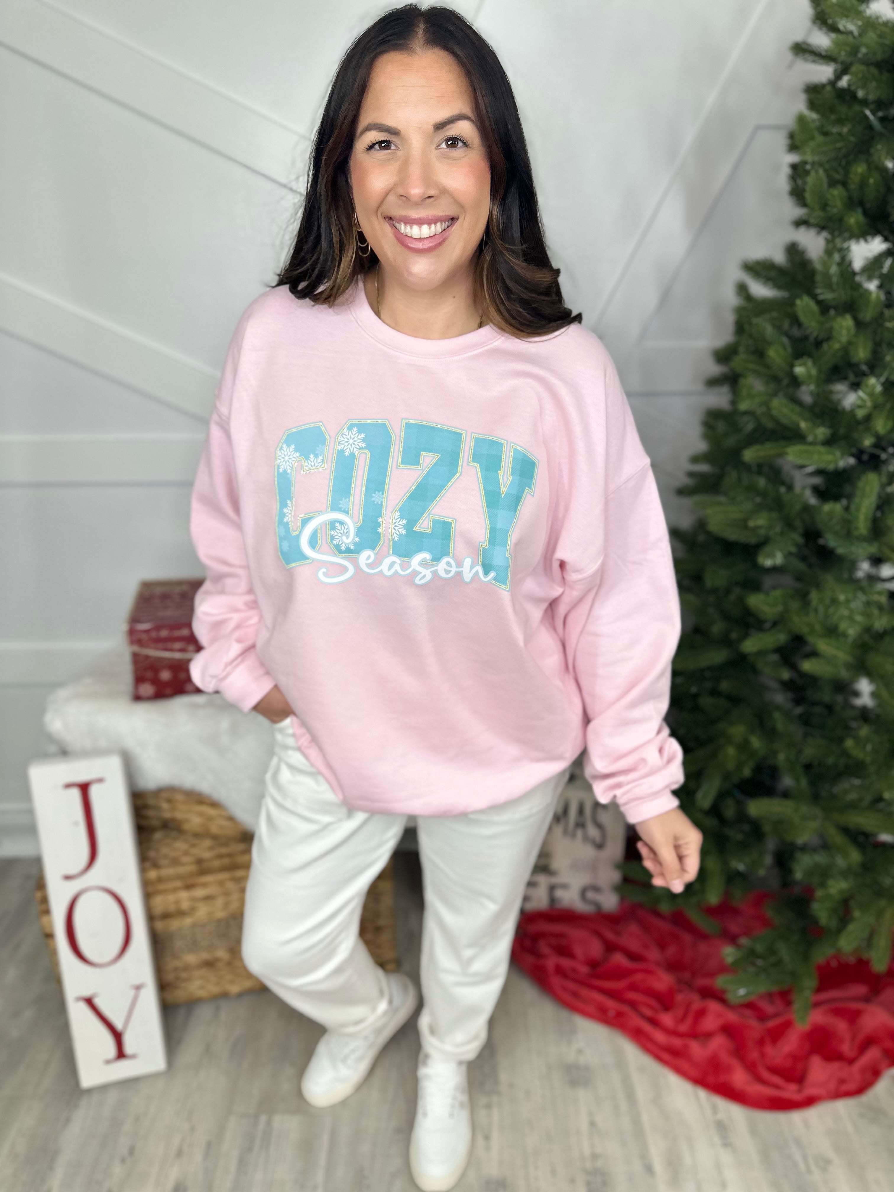 Pink Cozy Season Graphic Sweatshirt-125 Sweater-Heathered Boho-Heathered Boho Boutique, Women's Fashion and Accessories in Palmetto, FL