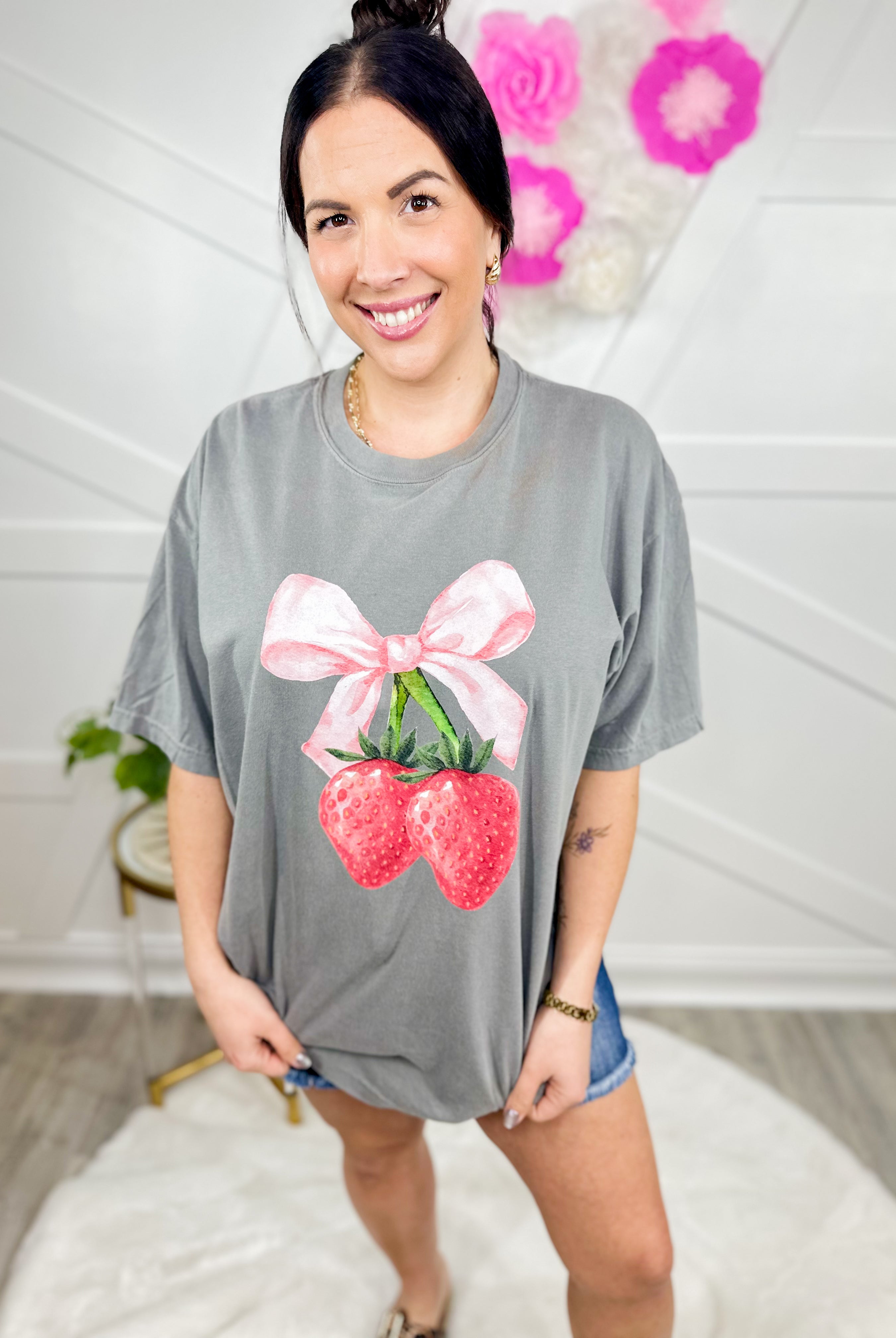 Strawberry Bow Graphic Tee-130 Graphic Tees-Heathered Boho-Heathered Boho Boutique, Women's Fashion and Accessories in Palmetto, FL