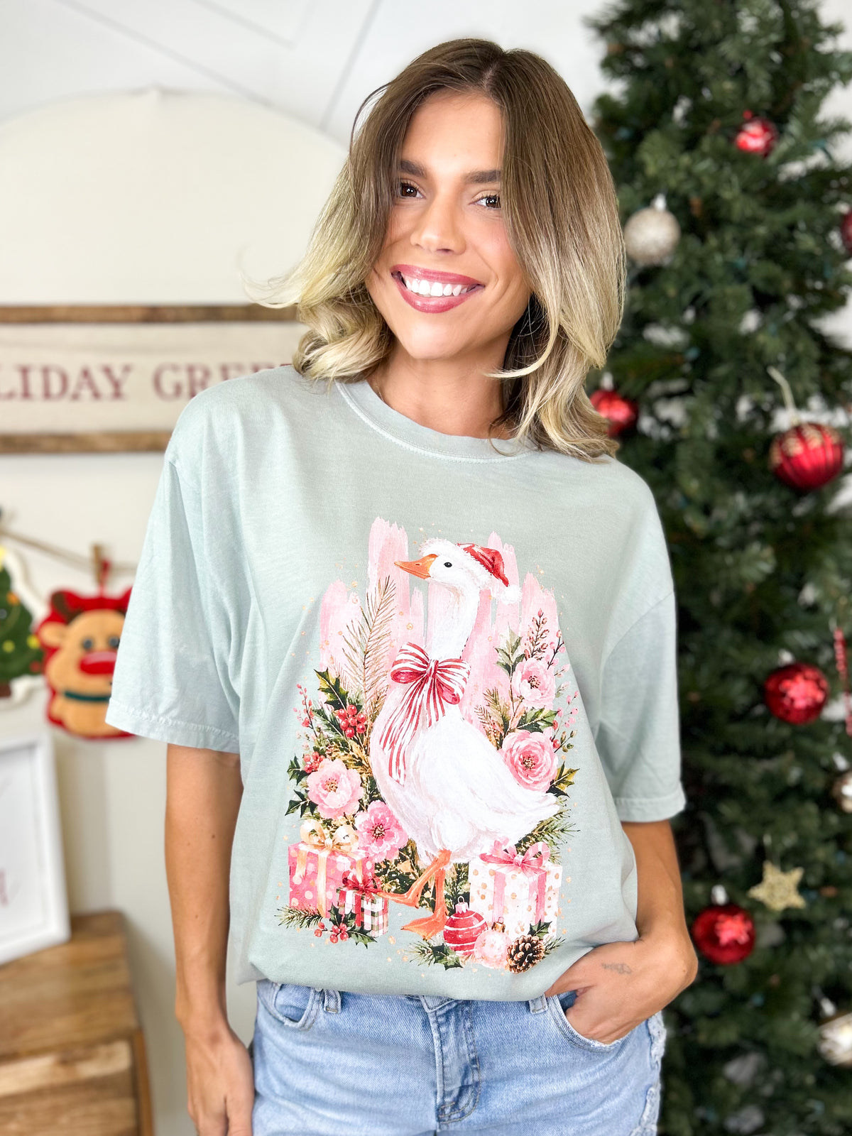 Preppy Christmas Silly Goose Graphic Tee-130 Graphic Tees-Heathered Boho-Heathered Boho Boutique, Women's Fashion and Accessories in Palmetto, FL