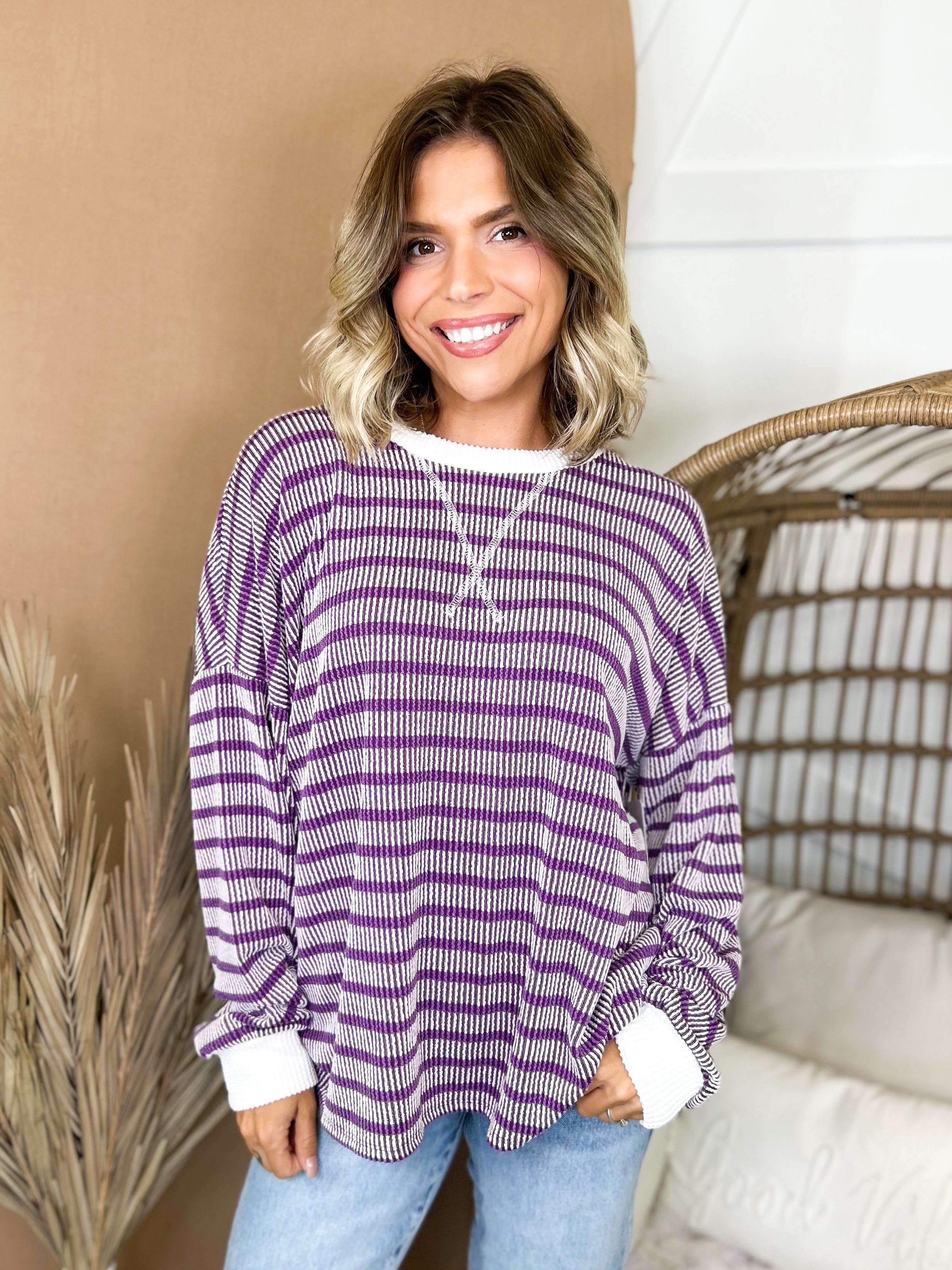 The Harvest Days Striped Top-120 LONG SLEEVE TOPS-ZENANA-Heathered Boho Boutique, Women's Fashion and Accessories in Palmetto, FL