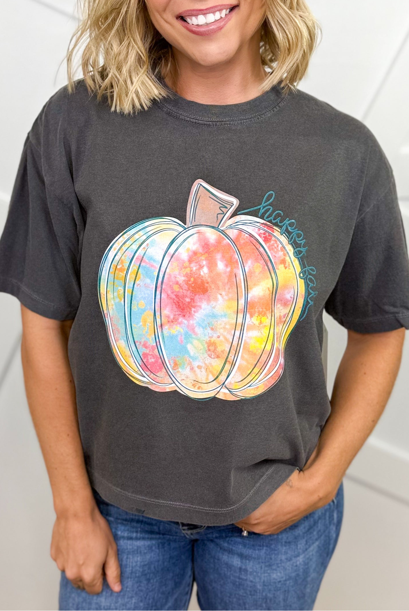 Tie-Dye Pumpkin Boxy Graphic Tee - Pepper-130 Graphic Tees-Heathered Boho-Heathered Boho Boutique, Women's Fashion and Accessories in Palmetto, FL