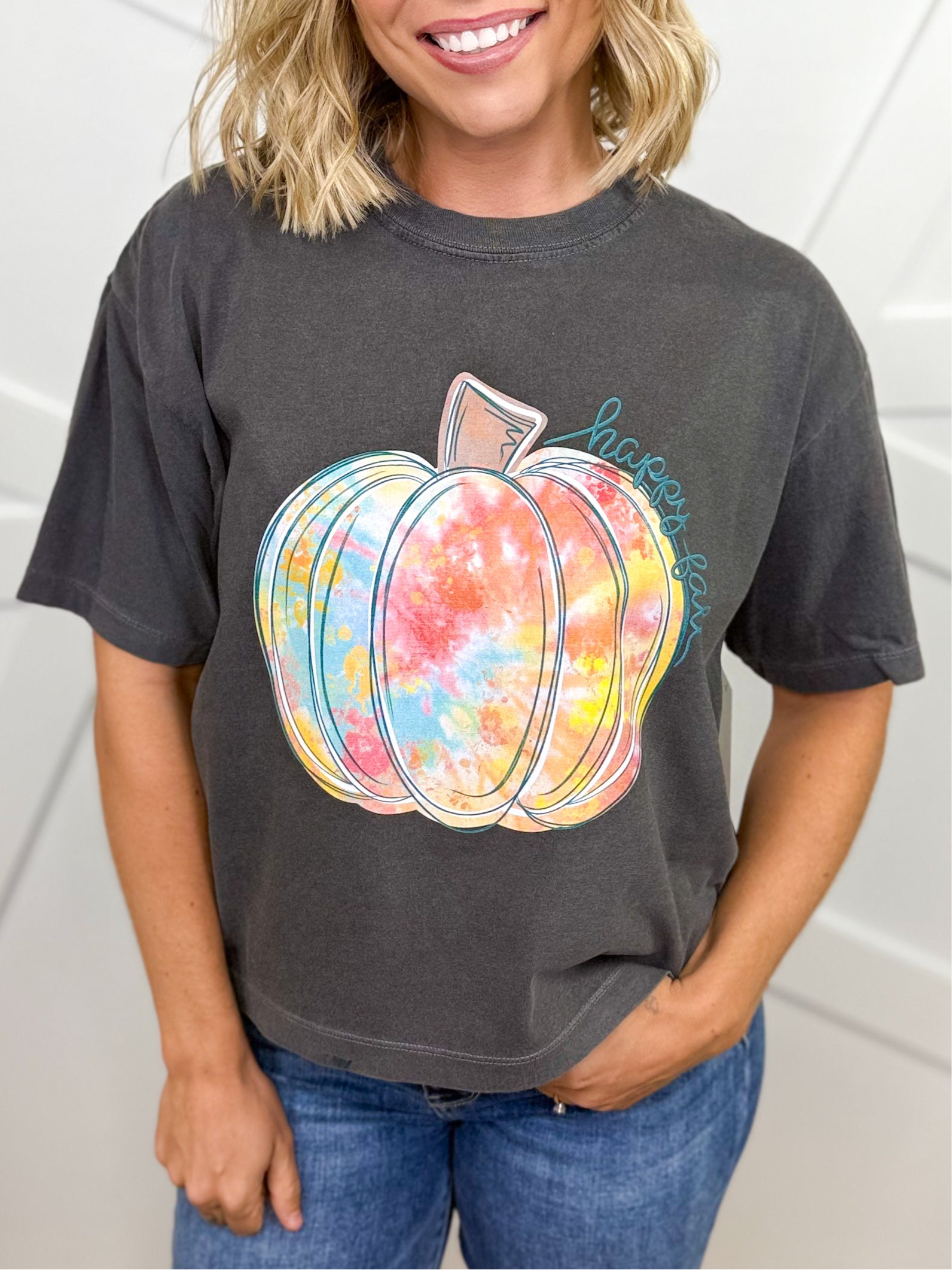 Tie-Dye Pumpkin Boxy Graphic Tee - Pepper-130 Graphic Tees-Heathered Boho-Heathered Boho Boutique, Women's Fashion and Accessories in Palmetto, FL