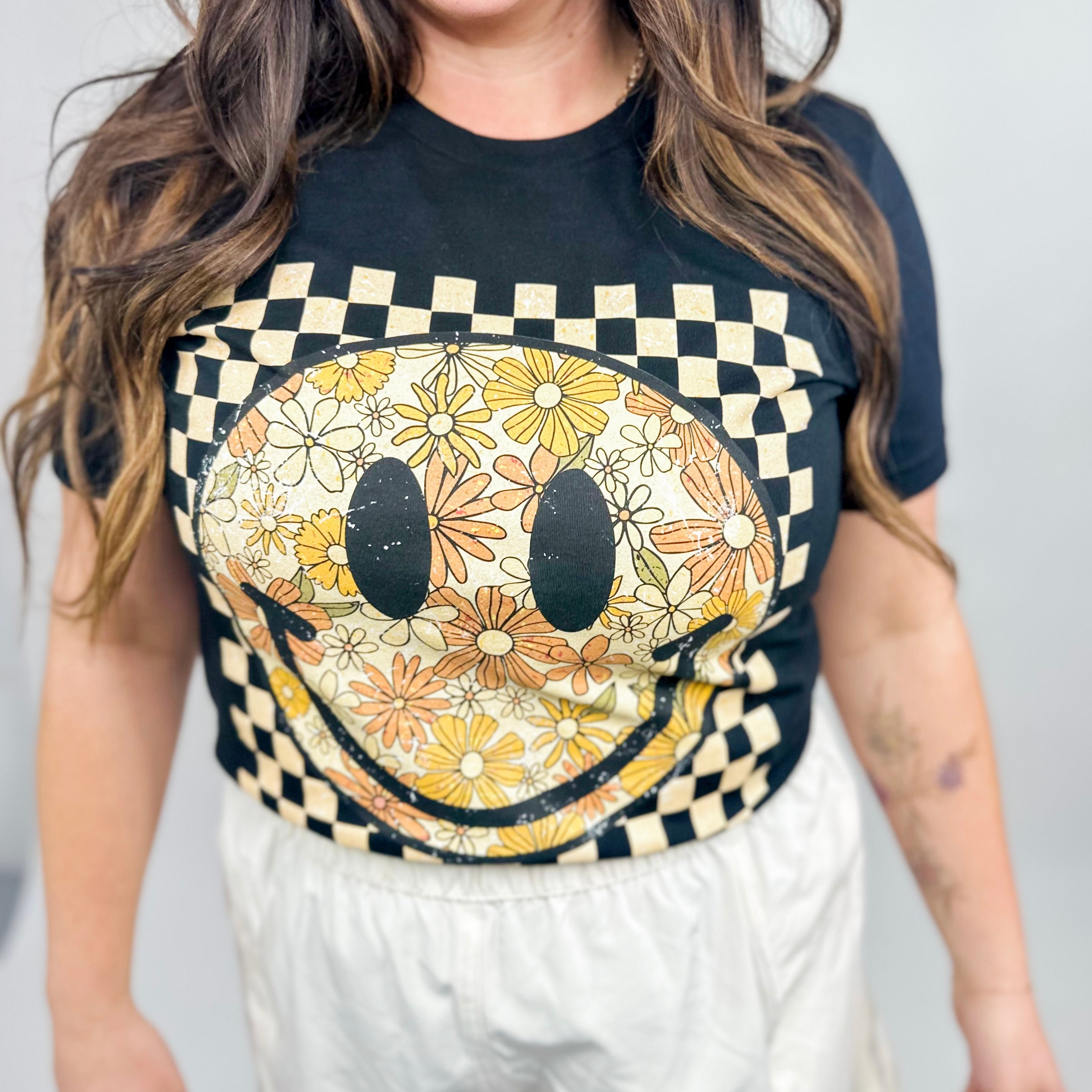 Autumn Checkered Smiley Graphic Tee-130 Graphic Tees-Heathered Boho-Heathered Boho Boutique, Women's Fashion and Accessories in Palmetto, FL