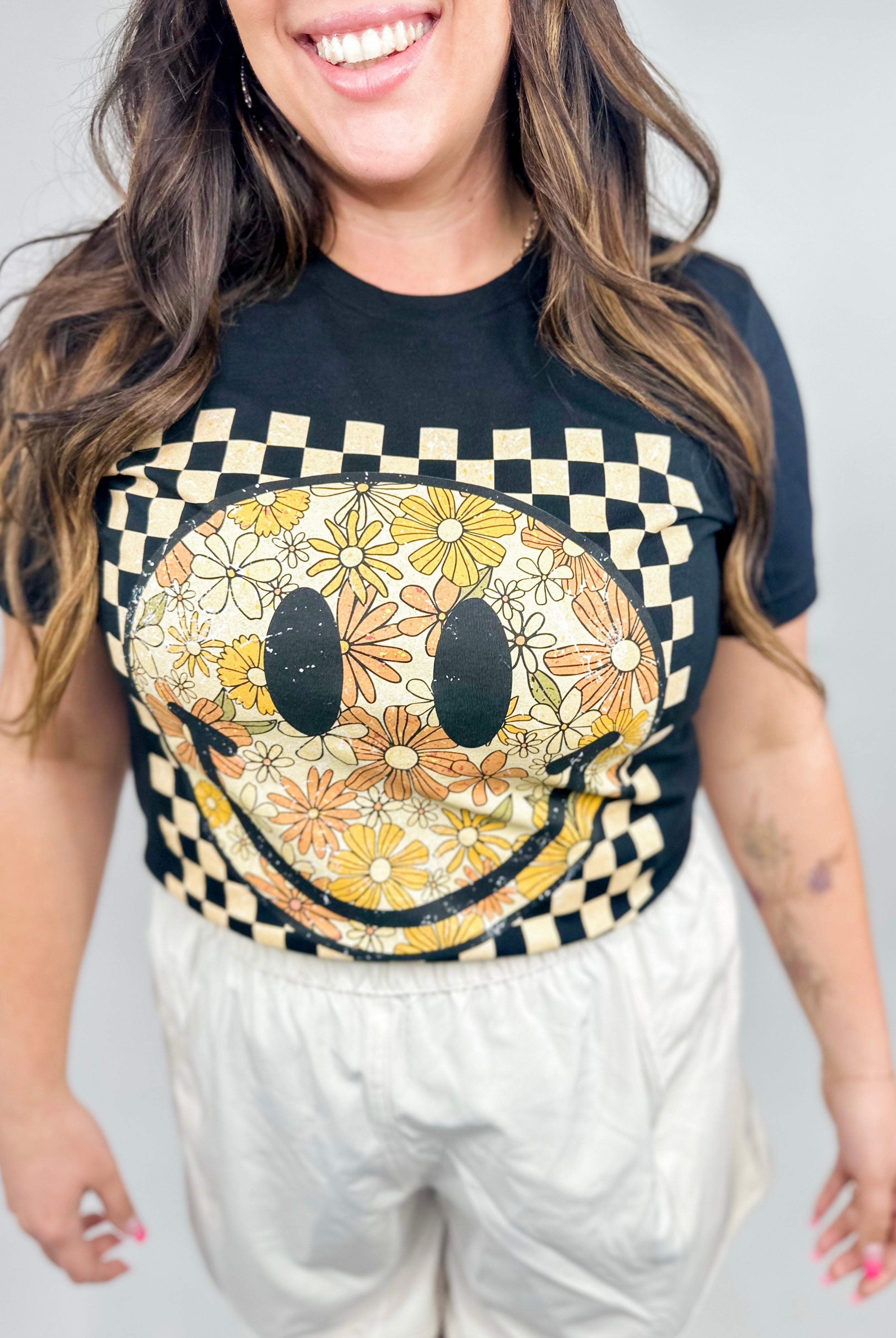 Autumn Checkered Smiley Graphic Tee-130 Graphic Tees-Heathered Boho-Heathered Boho Boutique, Women's Fashion and Accessories in Palmetto, FL