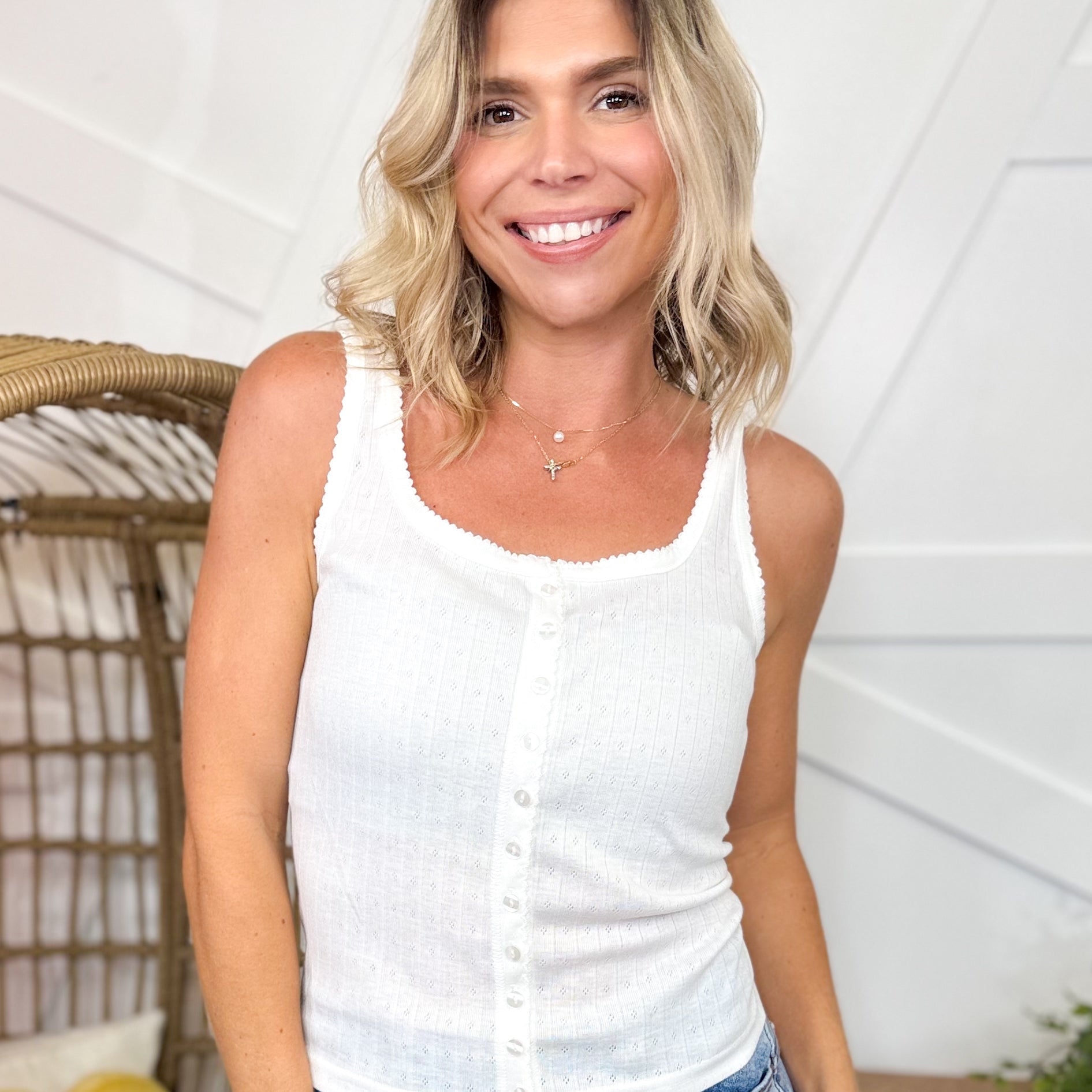 Sweet Lace Trim Button Tank-100 TANK/CROP TOPS-POLAGRAM-Heathered Boho Boutique, Women's Fashion and Accessories in Palmetto, FL