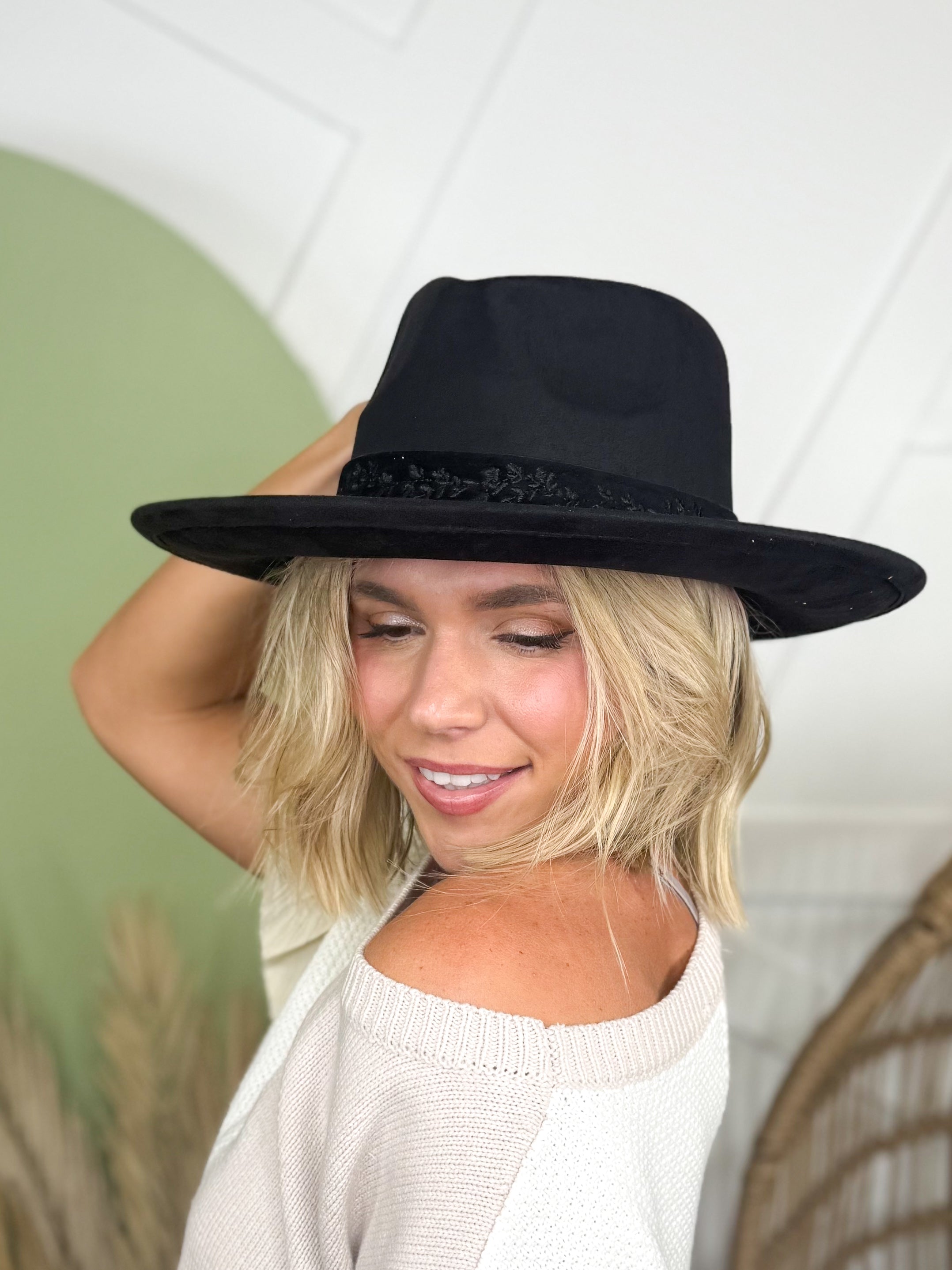 Embroidered Flower Strap Fedora Hat-330 Headwear-Fame Accessories-Heathered Boho Boutique, Women's Fashion and Accessories in Palmetto, FL