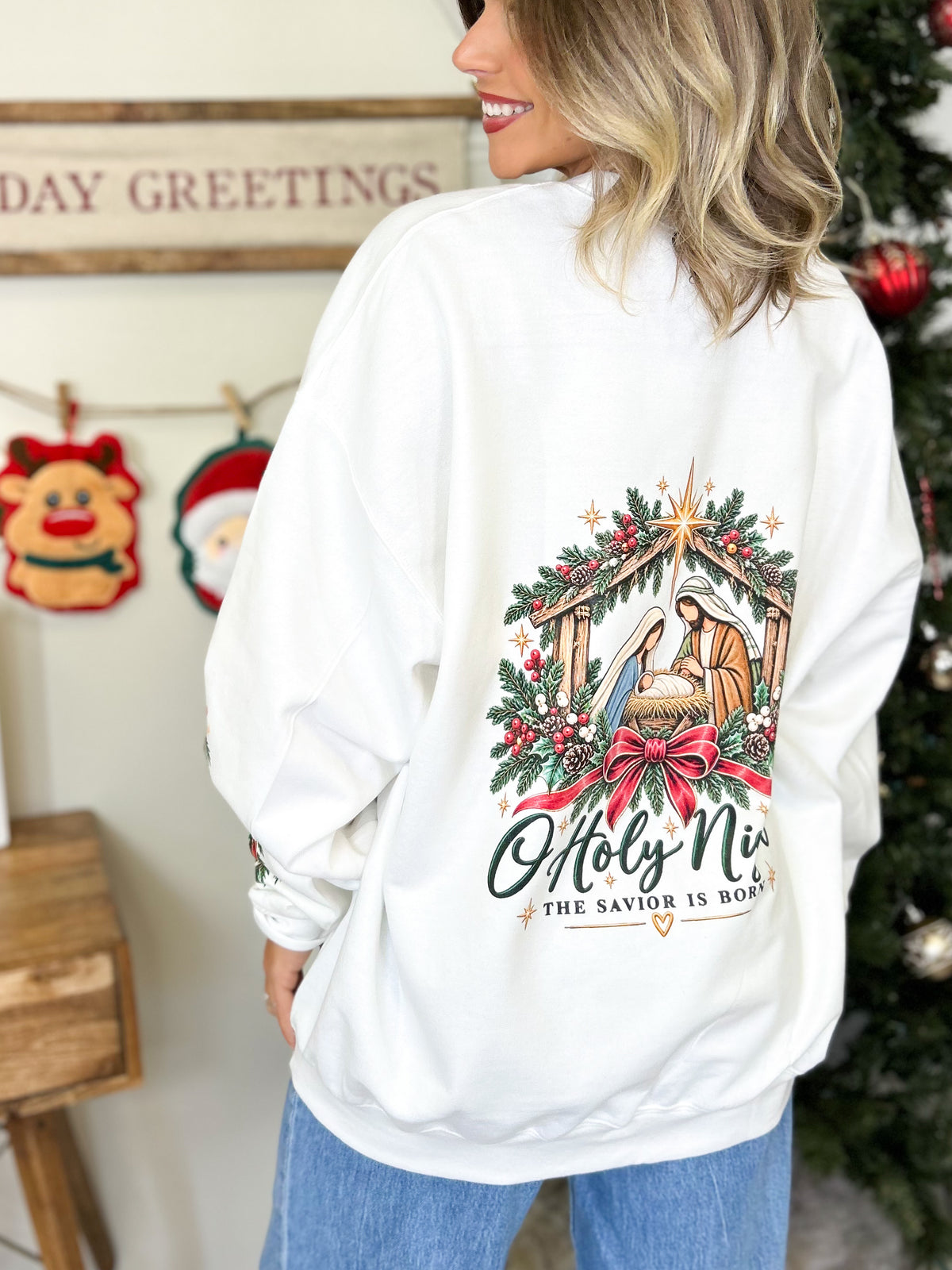 O' Holy Night Nativity Graphic Sweatshirt-130 Graphic Tees-Heathered Boho-Heathered Boho Boutique, Women's Fashion and Accessories in Palmetto, FL