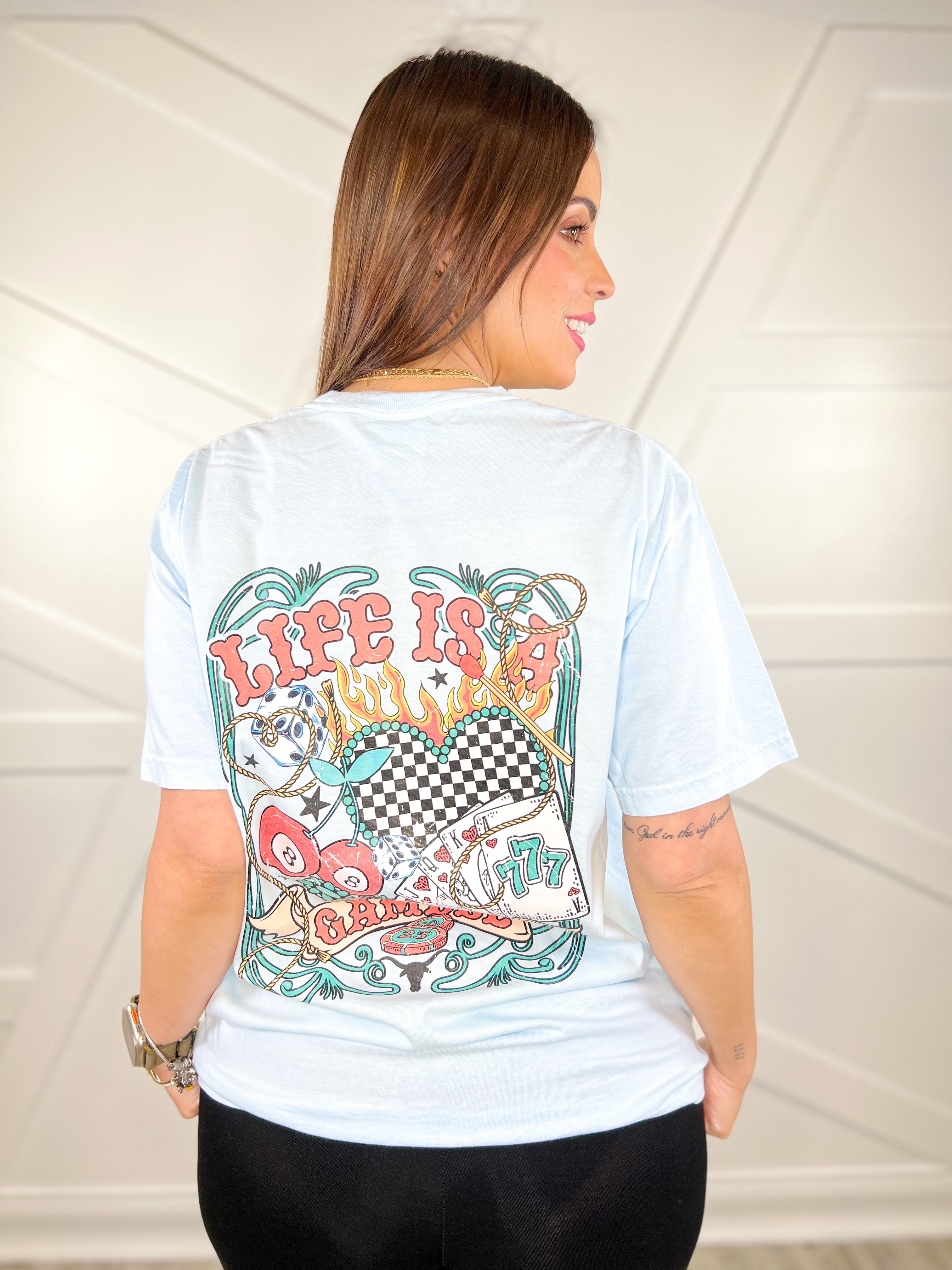 Life Is A Gamble Graphic Tee - Chambray-130 Graphic Tees-Heathered Boho-Heathered Boho Boutique, Women's Fashion and Accessories in Palmetto, FL