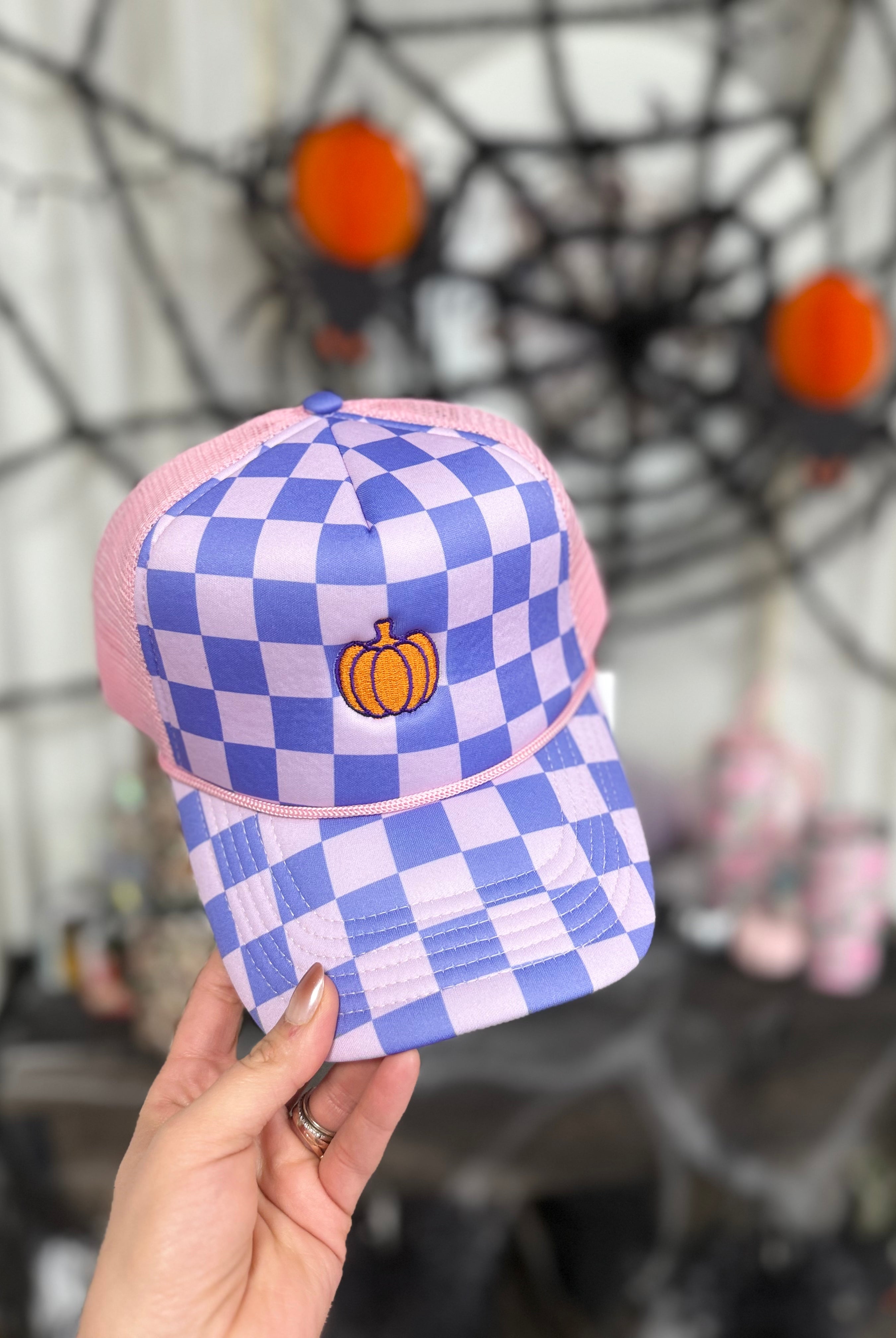Purple Checkered Pumpkin Hat-330 Headwear-Poppy & Pine-Heathered Boho Boutique, Women's Fashion and Accessories in Palmetto, FL