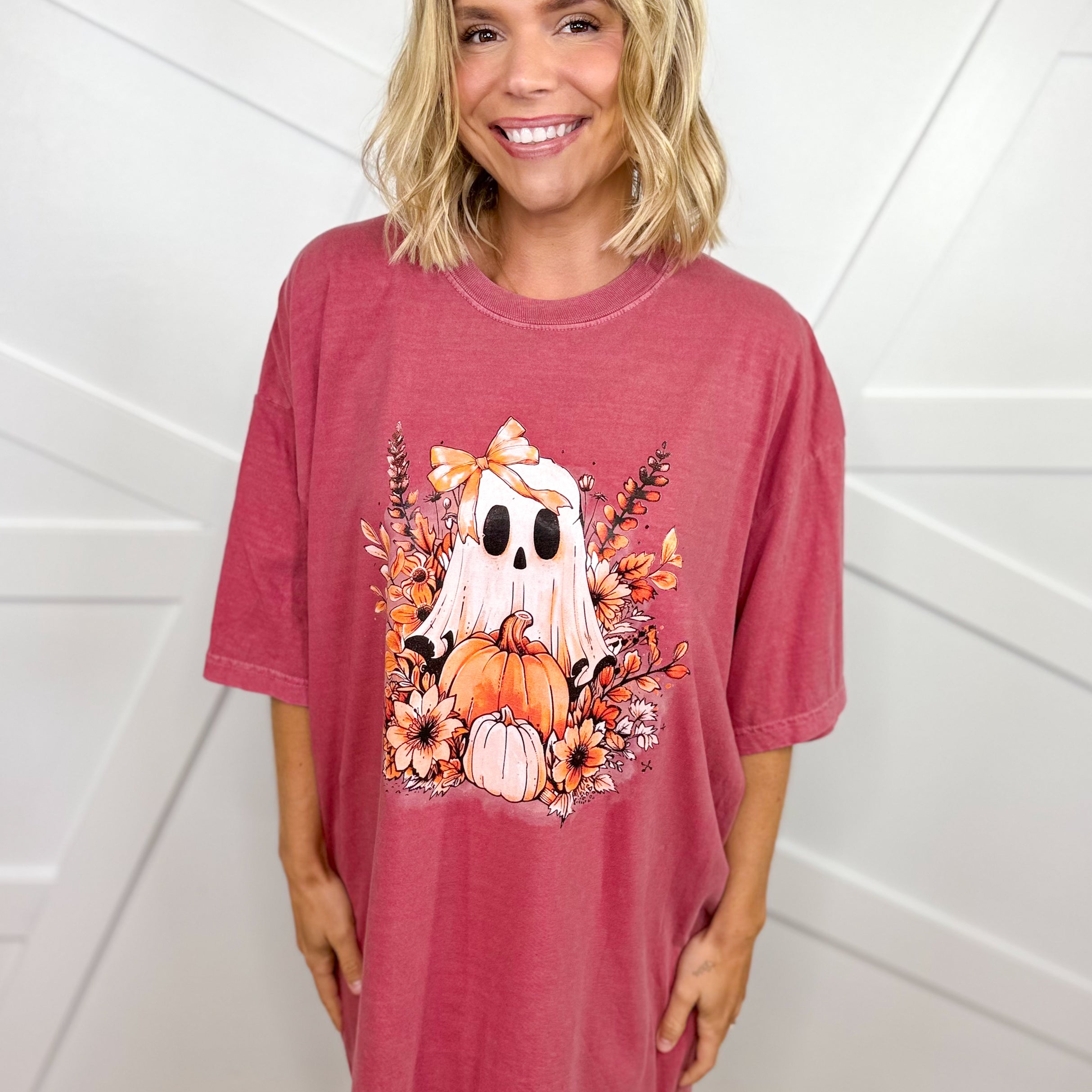 Floral Ghost Graphic Tee - Brick-130 Graphic Tees-Heathered Boho-Heathered Boho Boutique, Women's Fashion and Accessories in Palmetto, FL
