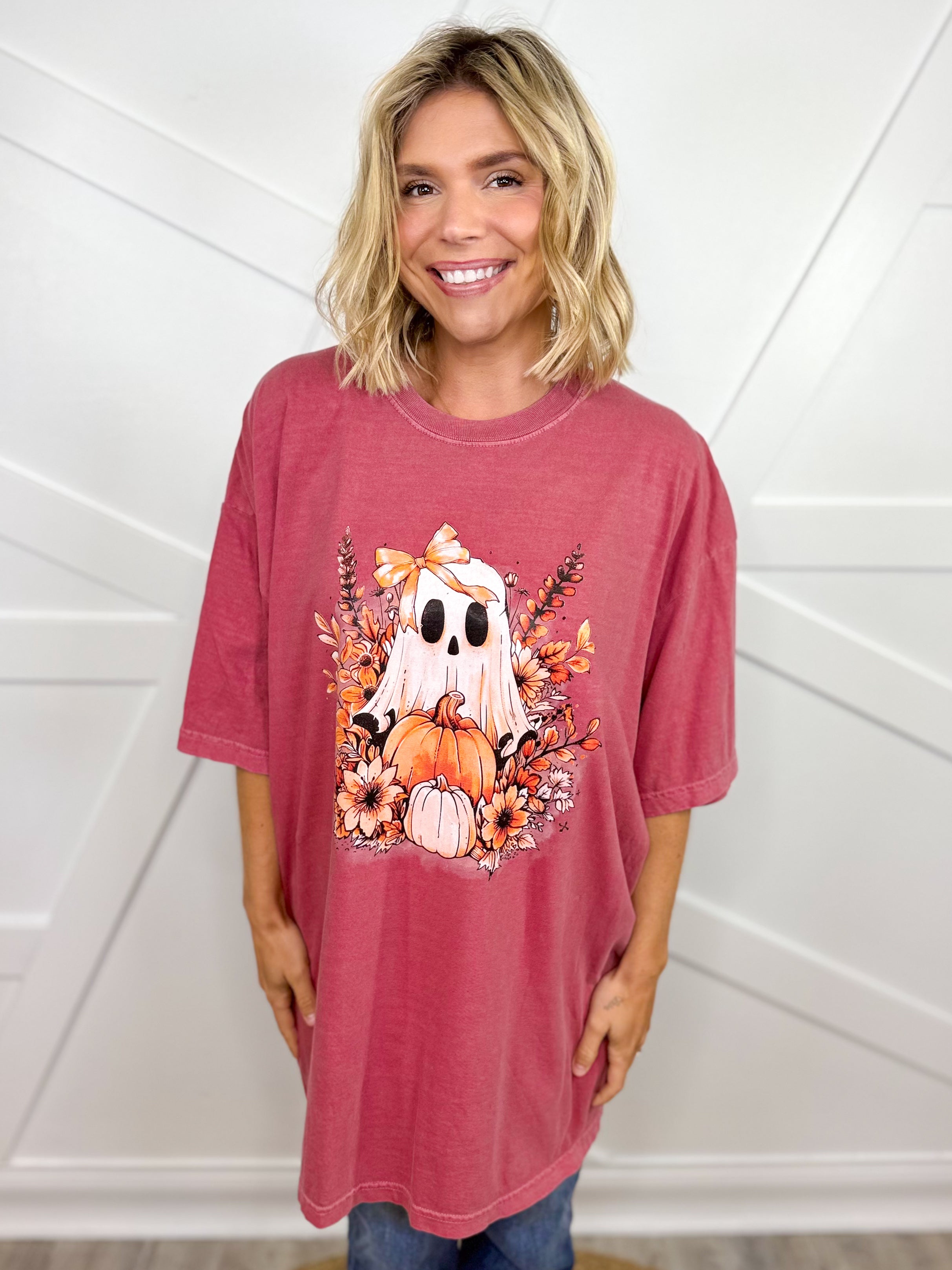 Floral Ghost Graphic Tee - Brick-130 Graphic Tees-Heathered Boho-Heathered Boho Boutique, Women's Fashion and Accessories in Palmetto, FL