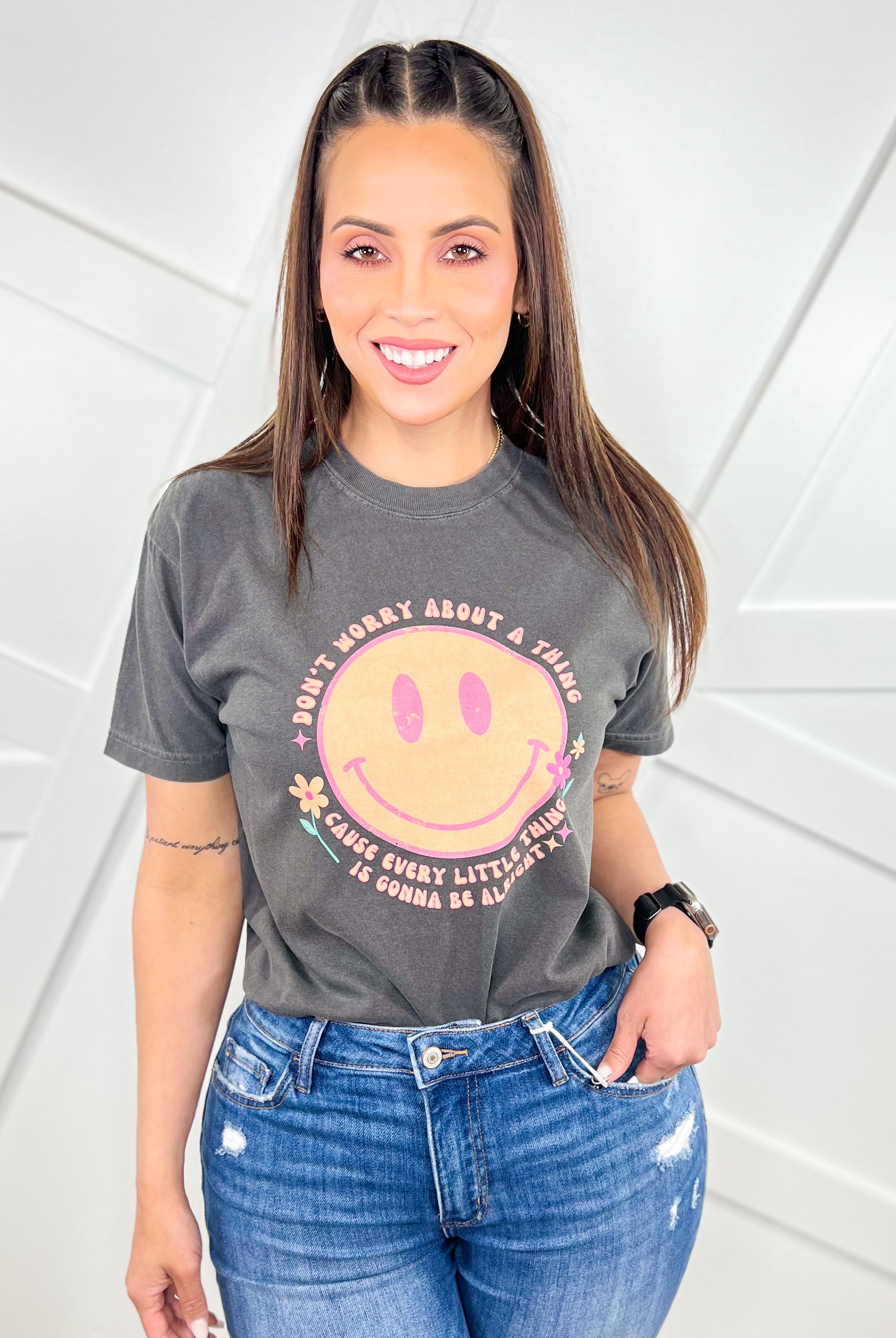 Don't Worry About A Thing Graphic Tee-130 Graphic Tees-Heathered Boho-Heathered Boho Boutique, Women's Fashion and Accessories in Palmetto, FL